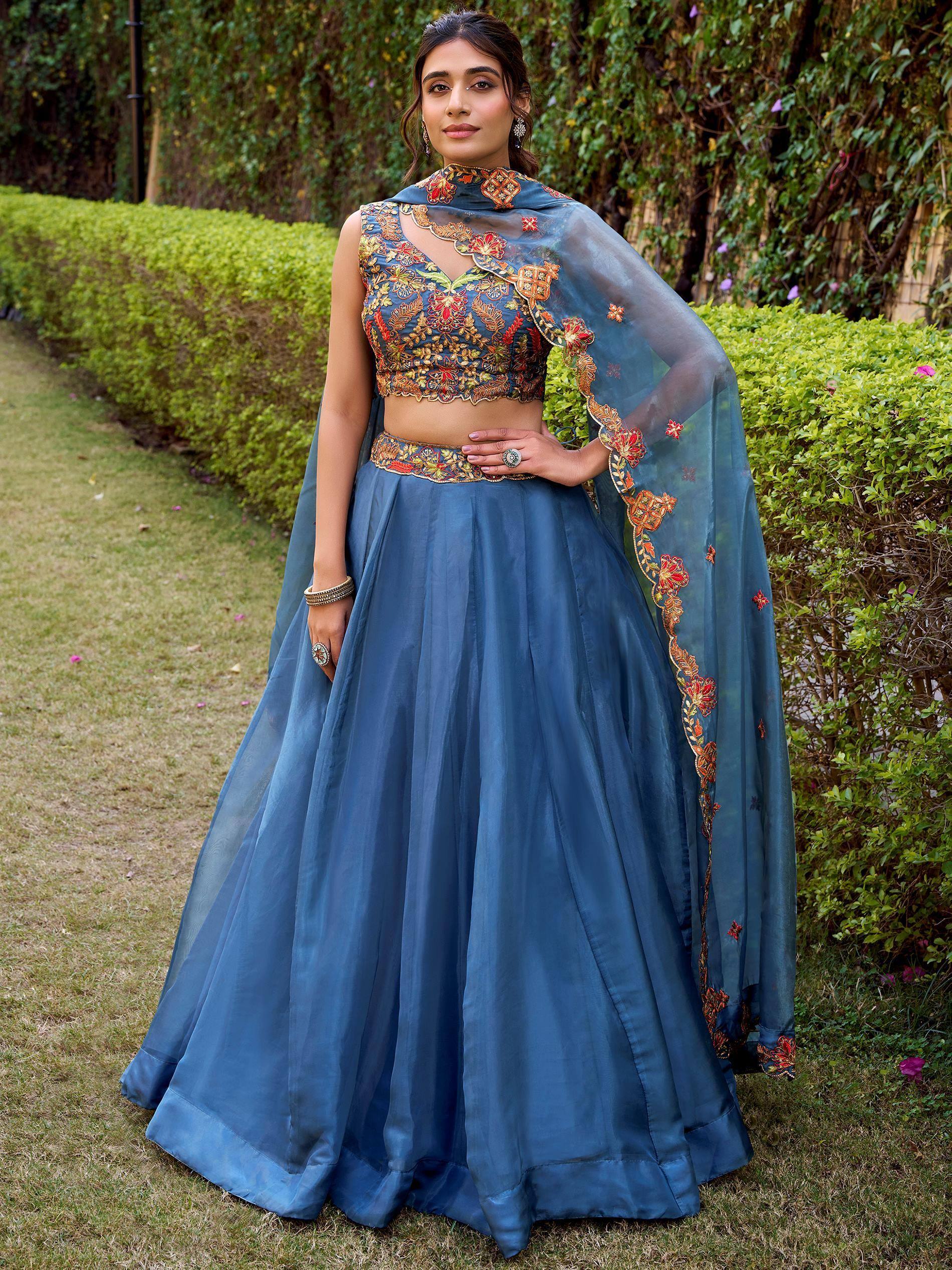 Precious Blue Embroidered Silk Engagement Wear Lehenga Choli