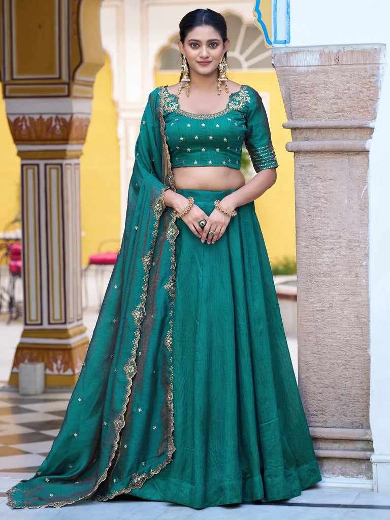 Wonderful Teal Green Silk Event Wear Lehenga With Sequins Blouse