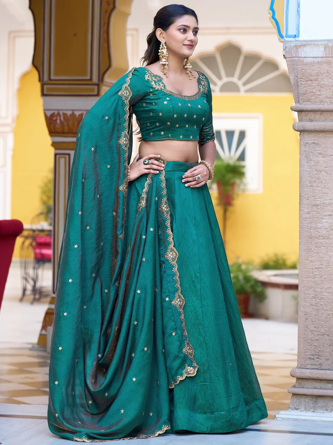 Wonderful Teal Green Silk Event Wear Lehenga With Sequins Blouse
