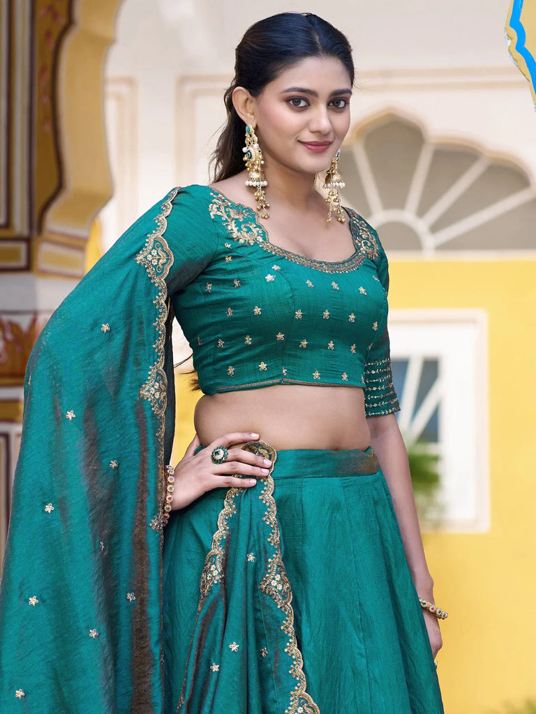 Wonderful Teal Green Silk Event Wear Lehenga With Sequins Blouse