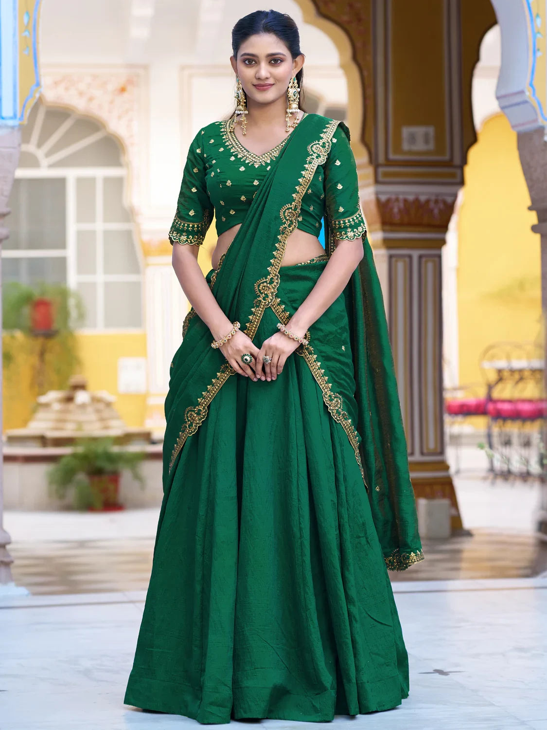 Radiant Green Pink Thread Work Silk Mehendi Wear Lehenga Choli