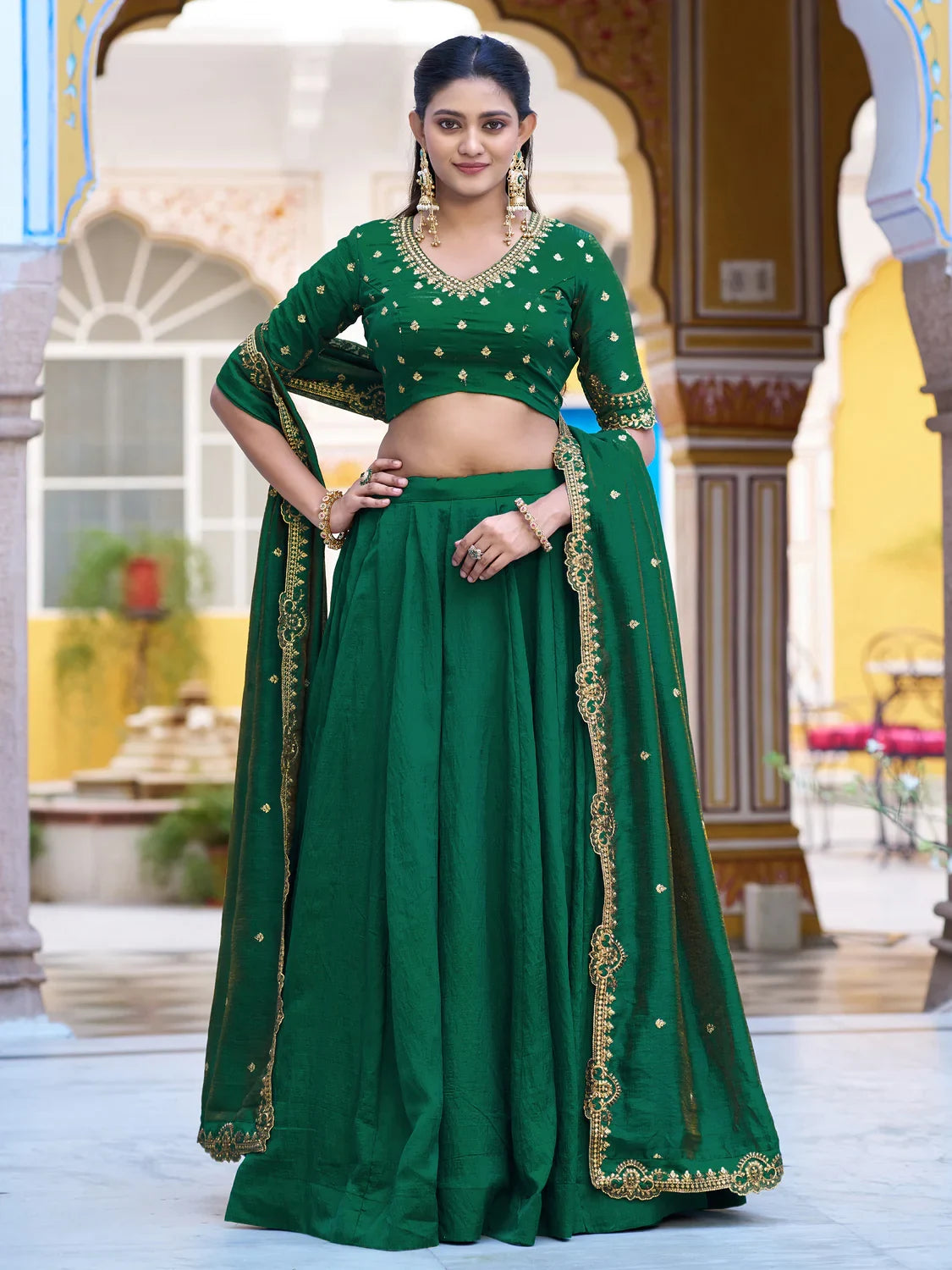Radiant Green Pink Thread Work Silk Mehendi Wear Lehenga Choli
