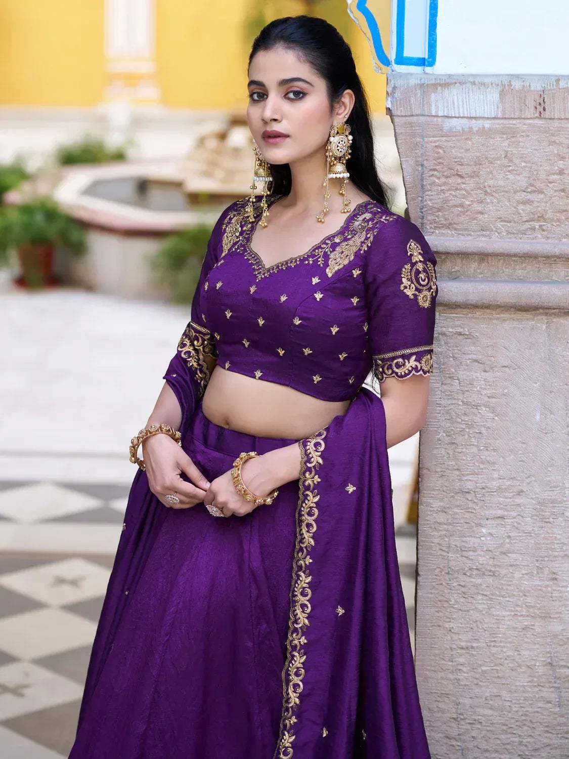 Classic Purple Thread Work Silk Wedding Wear Lehenga Choli With Dupatta