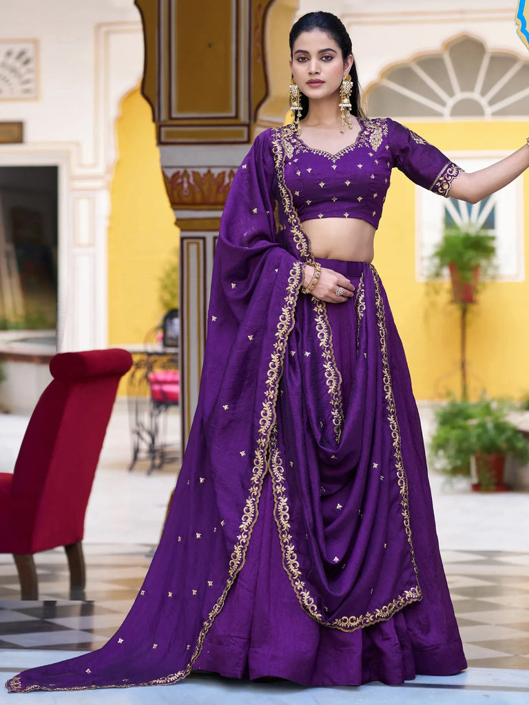 Classic Purple Thread Work Silk Wedding Wear Lehenga Choli With Dupatta