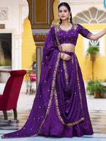 Classic Purple Thread Work Silk Wedding Wear Lehenga Choli With Dupatta