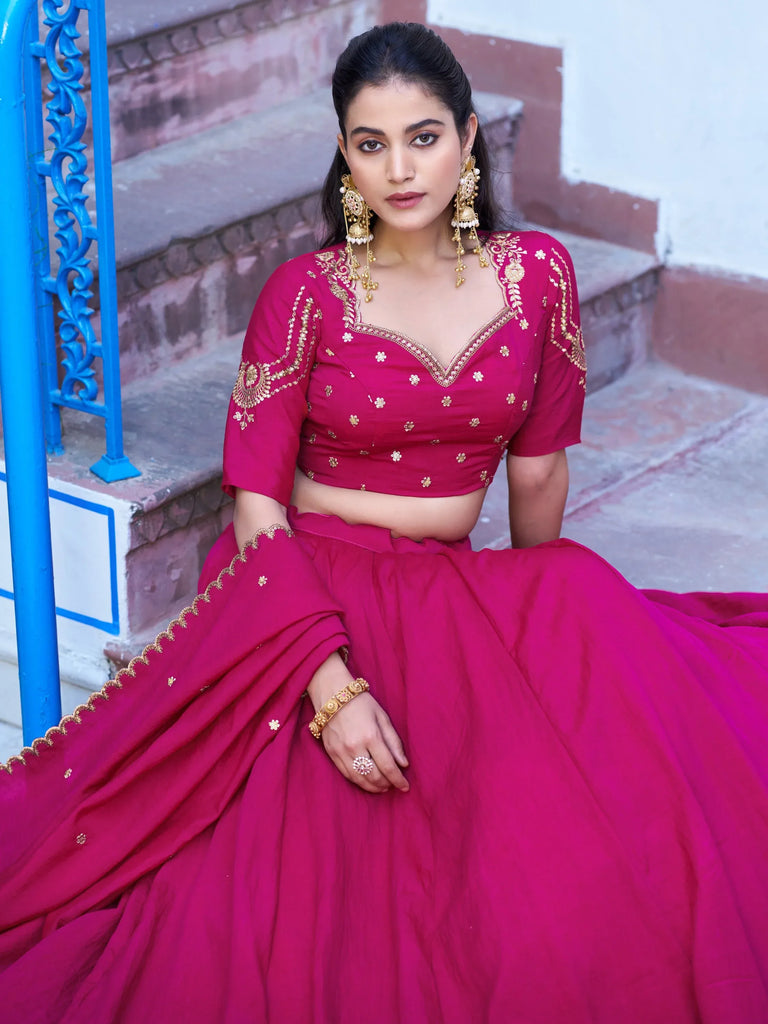 Lovely Rani Pink Embroidered Silk Traditional Lehenga Choli With Dupatta
