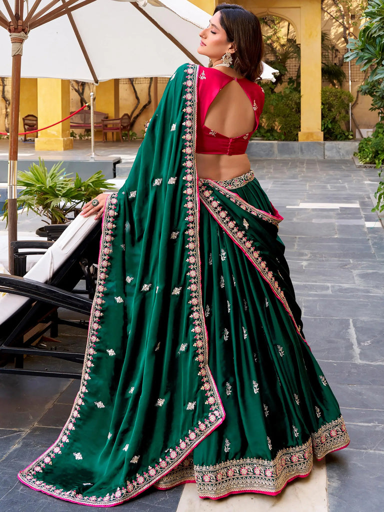 Glamorous Green Embroidered Silk Wedding Wear Lehenga Choli