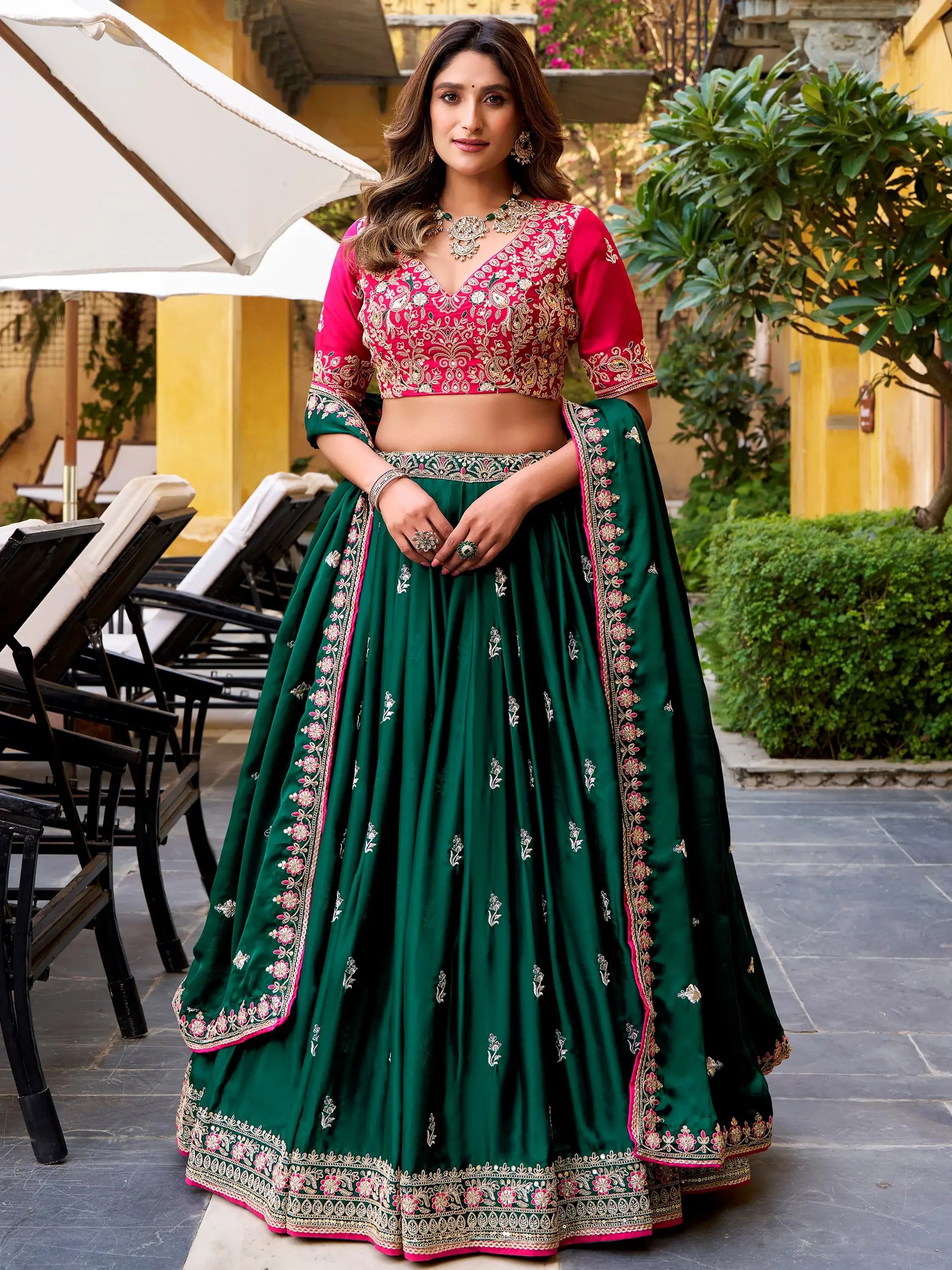 Glamorous Green Embroidered Silk Wedding Wear Lehenga Choli