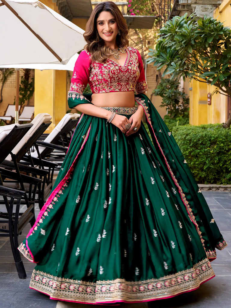 Glamorous Green Embroidered Silk Wedding Wear Lehenga Choli