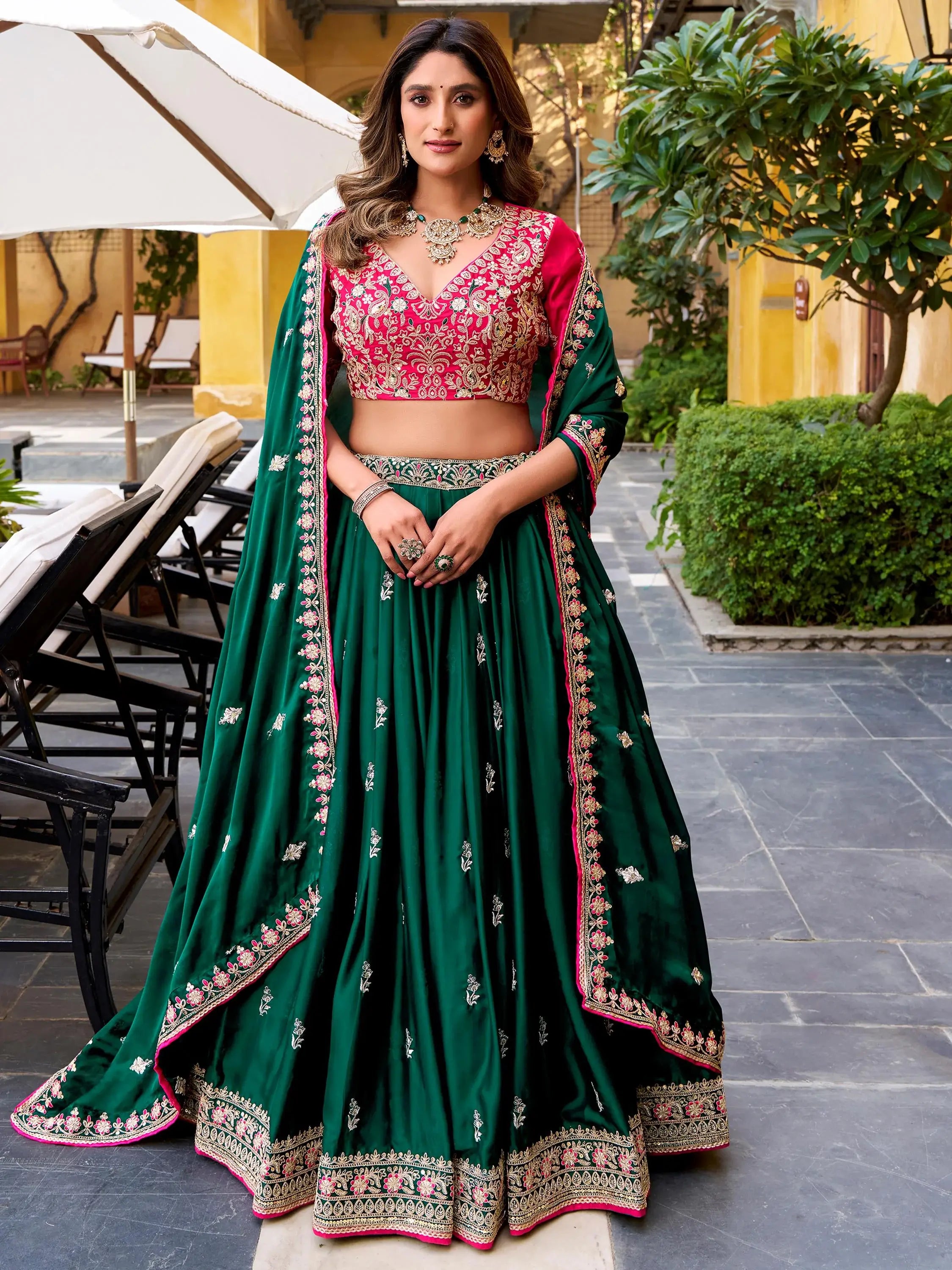 Glamorous Green Embroidered Silk Wedding Wear Lehenga Choli
