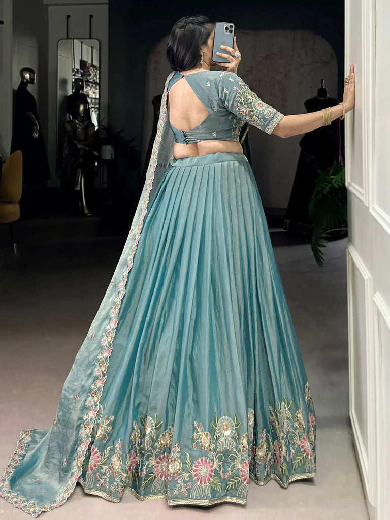 Beautiful Sky Blue Organza Zari Weaving Engagement Wear Lehenga Choli
