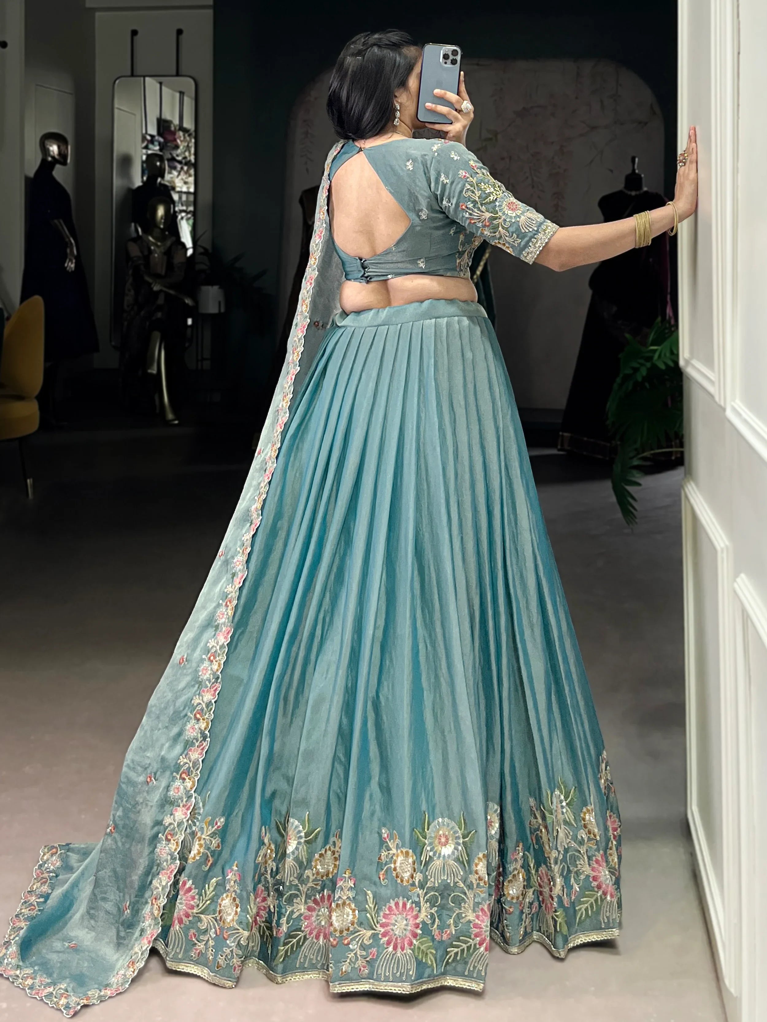 Beautiful Sky Blue Organza Zari Weaving Engagement Wear Lehenga Choli
