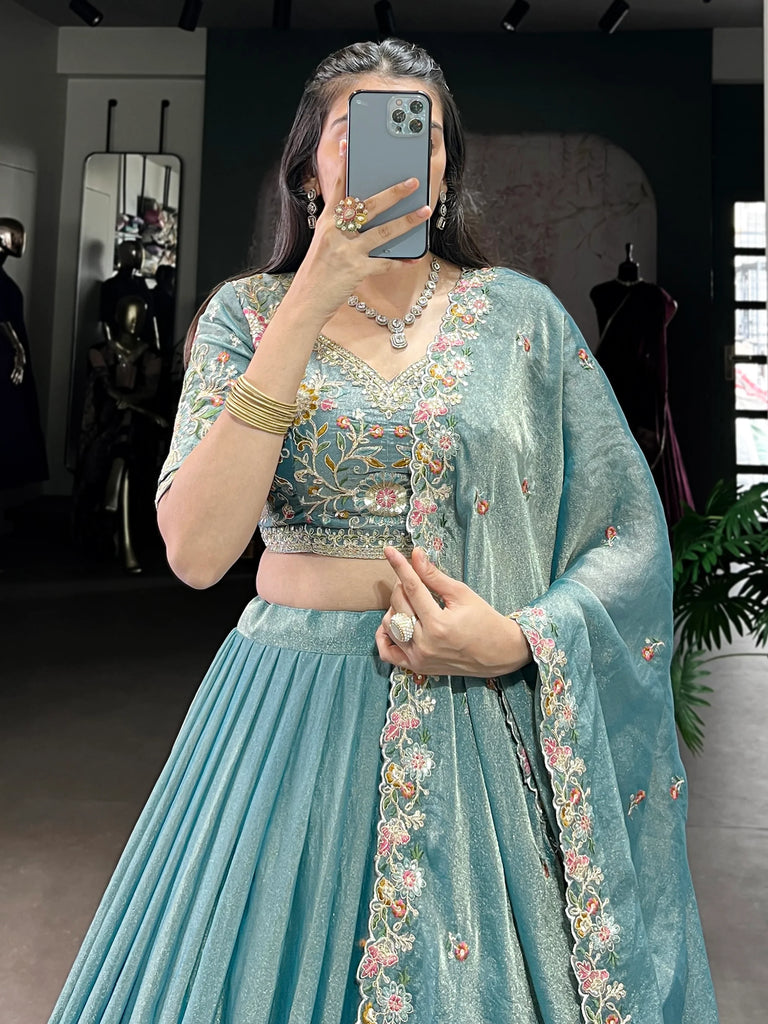 Beautiful Sky Blue Organza Zari Weaving Engagement Wear Lehenga Choli