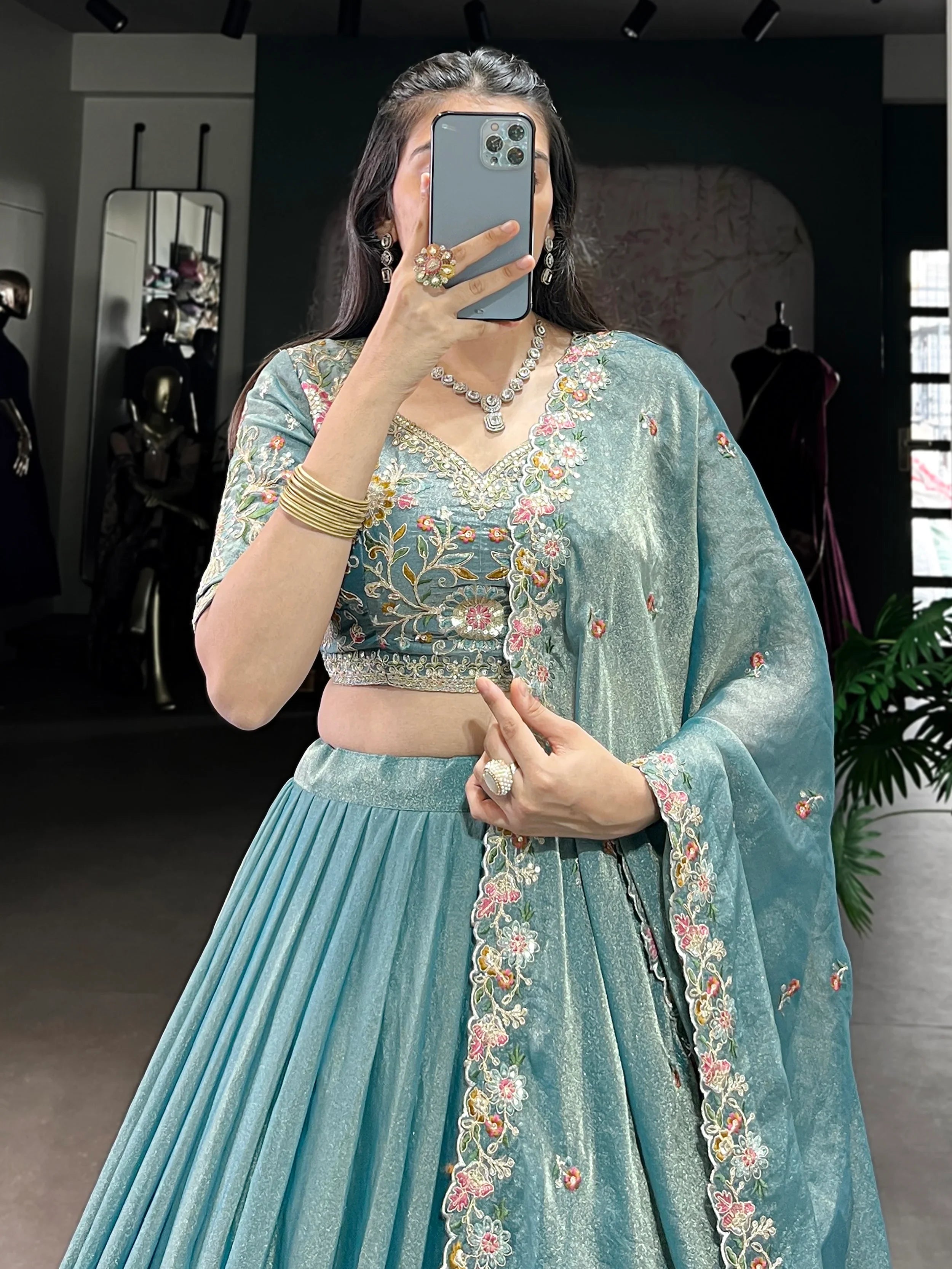 Beautiful Sky Blue Organza Zari Weaving Engagement Wear Lehenga Choli
