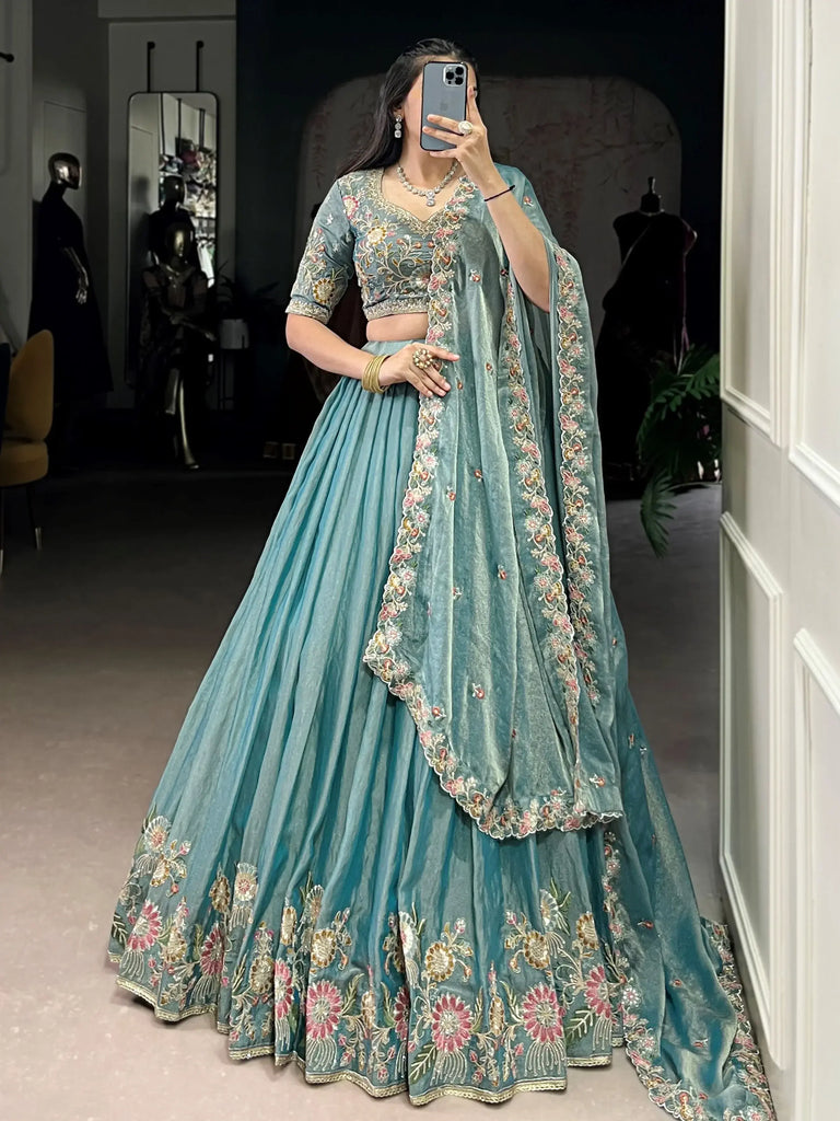 Beautiful Sky Blue Organza Zari Weaving Engagement Wear Lehenga Choli
