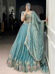 Beautiful Sky Blue Organza Zari Weaving Engagement Wear Lehenga Choli