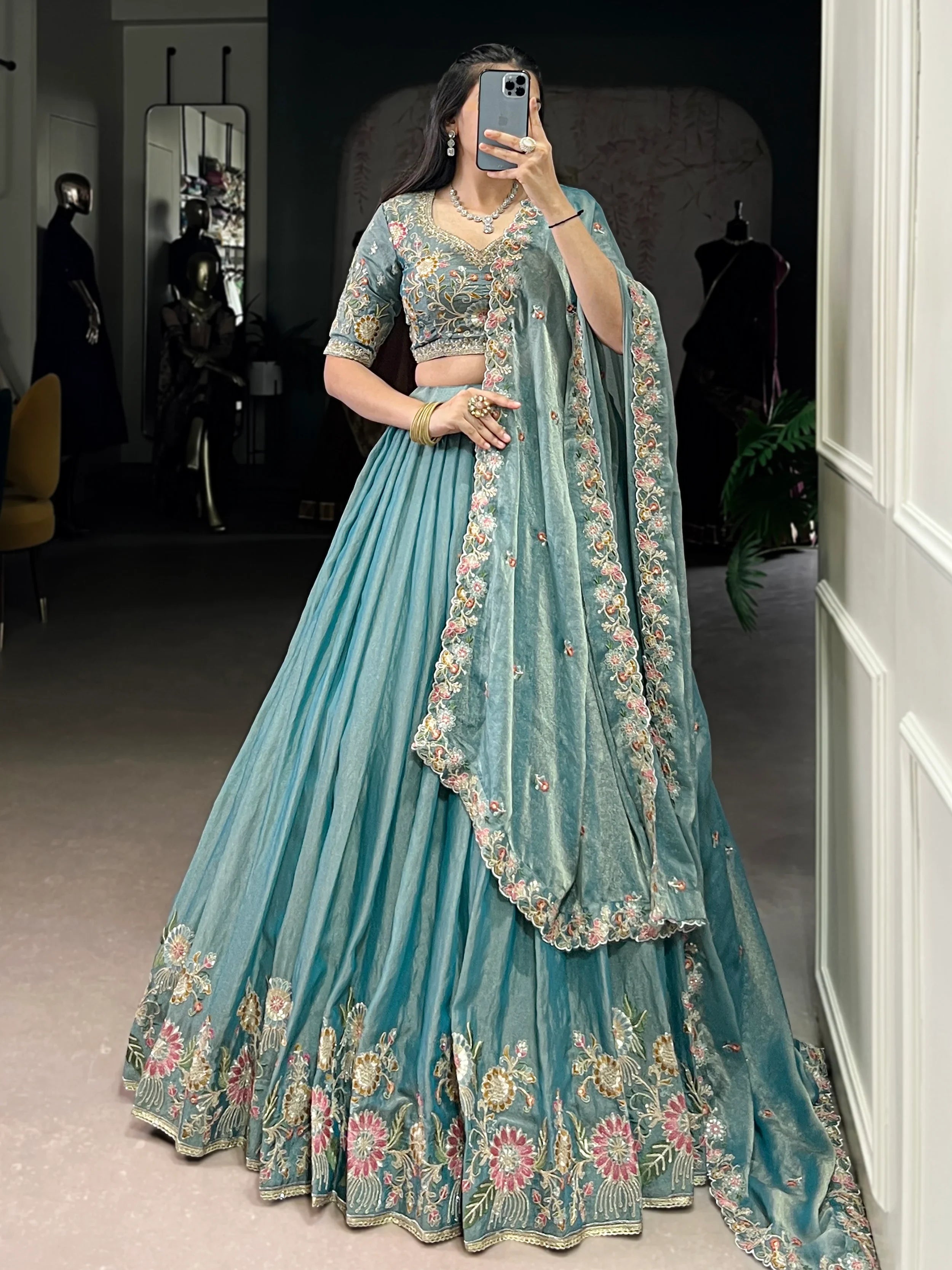 Beautiful Sky Blue Organza Zari Weaving Engagement Wear Lehenga Choli