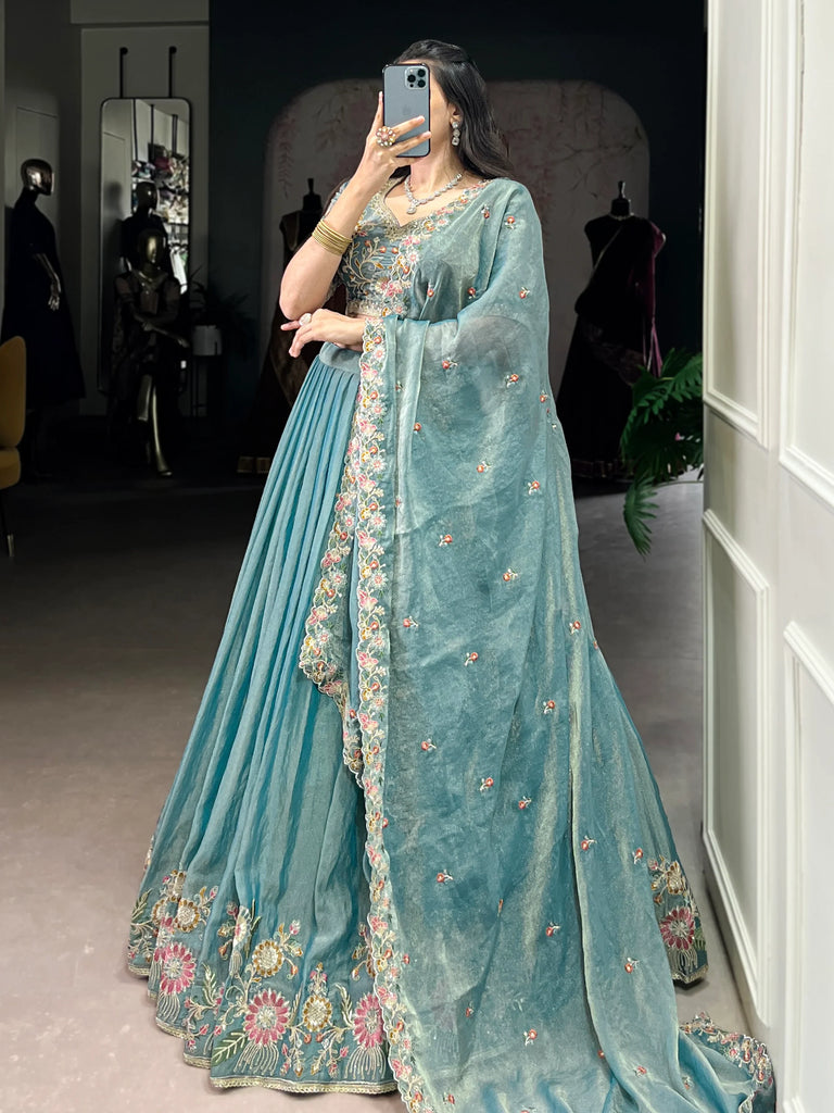 Beautiful Sky Blue Organza Zari Weaving Engagement Wear Lehenga Choli