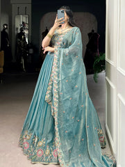 Beautiful Sky Blue Organza Zari Weaving Engagement Wear Lehenga Choli
