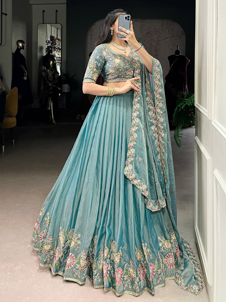 Beautiful Sky Blue Organza Zari Weaving Engagement Wear Lehenga Choli