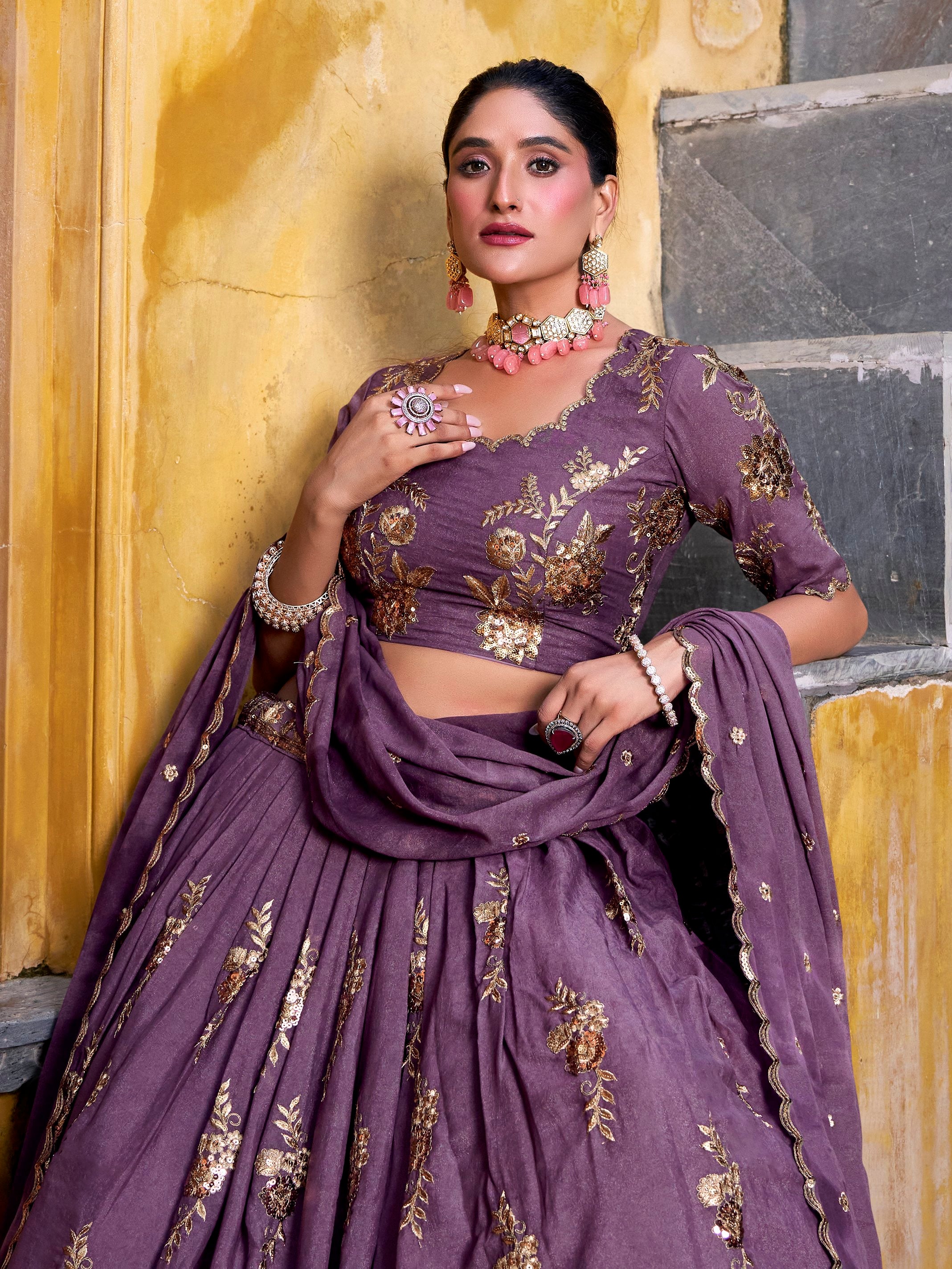 Stylish Lavender Thread Work Crushed Festive Wear Lehenga Choli