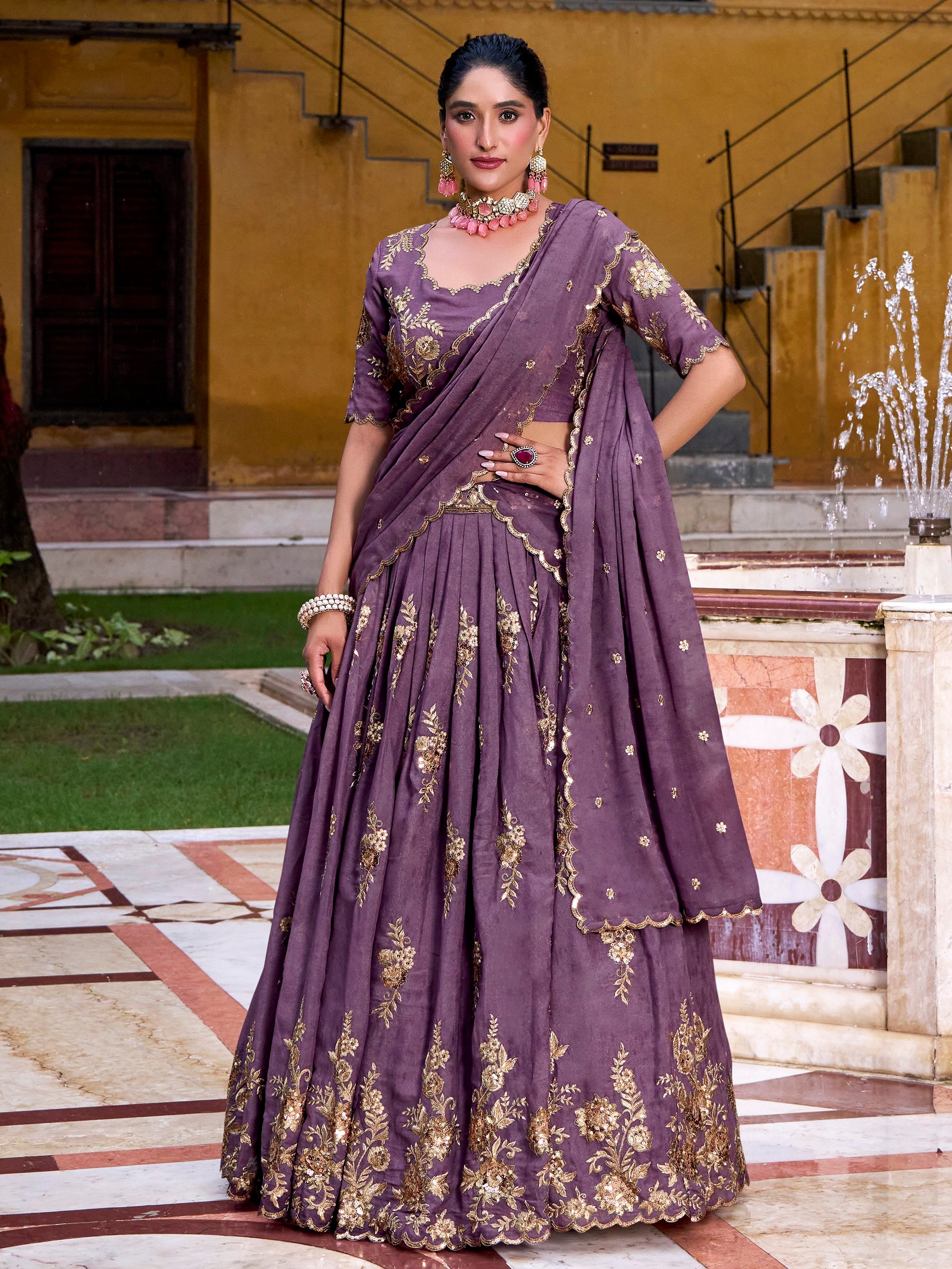 Stylish Lavender Thread Work Crushed Festive Wear Lehenga Choli
