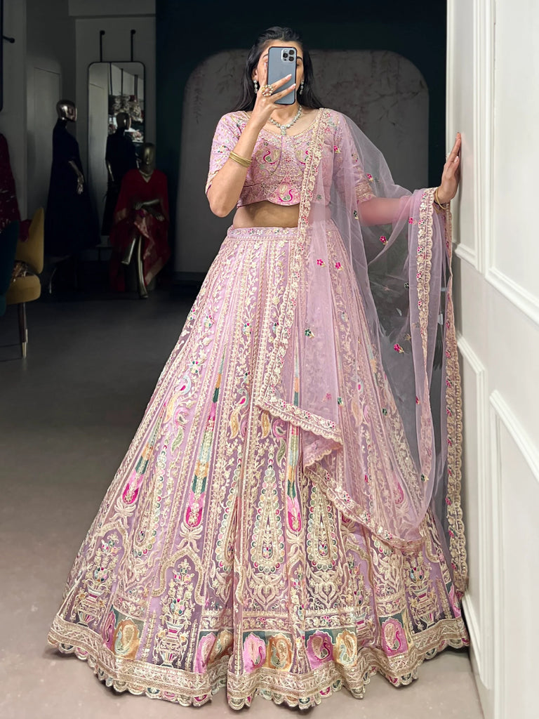 Notable Pink Thread Work Net Bridesmaid Lehenga Choli With Dupatta