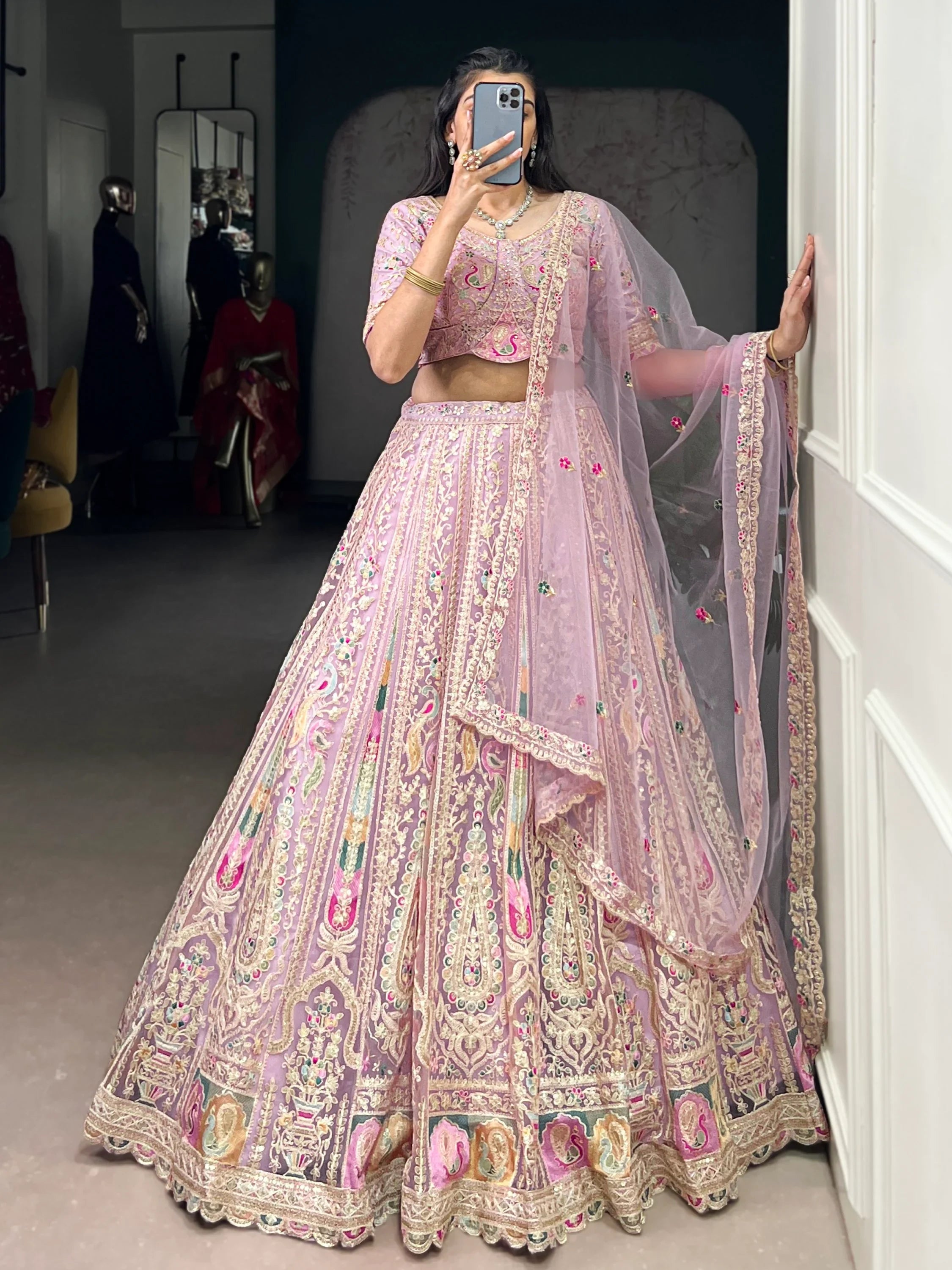 Notable Pink Thread Work Net Bridesmaid Lehenga Choli With Dupatta