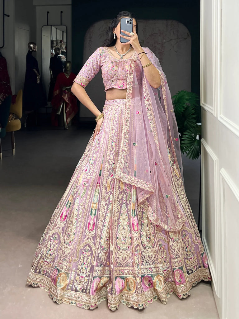 Notable Pink Thread Work Net Bridesmaid Lehenga Choli With Dupatta
