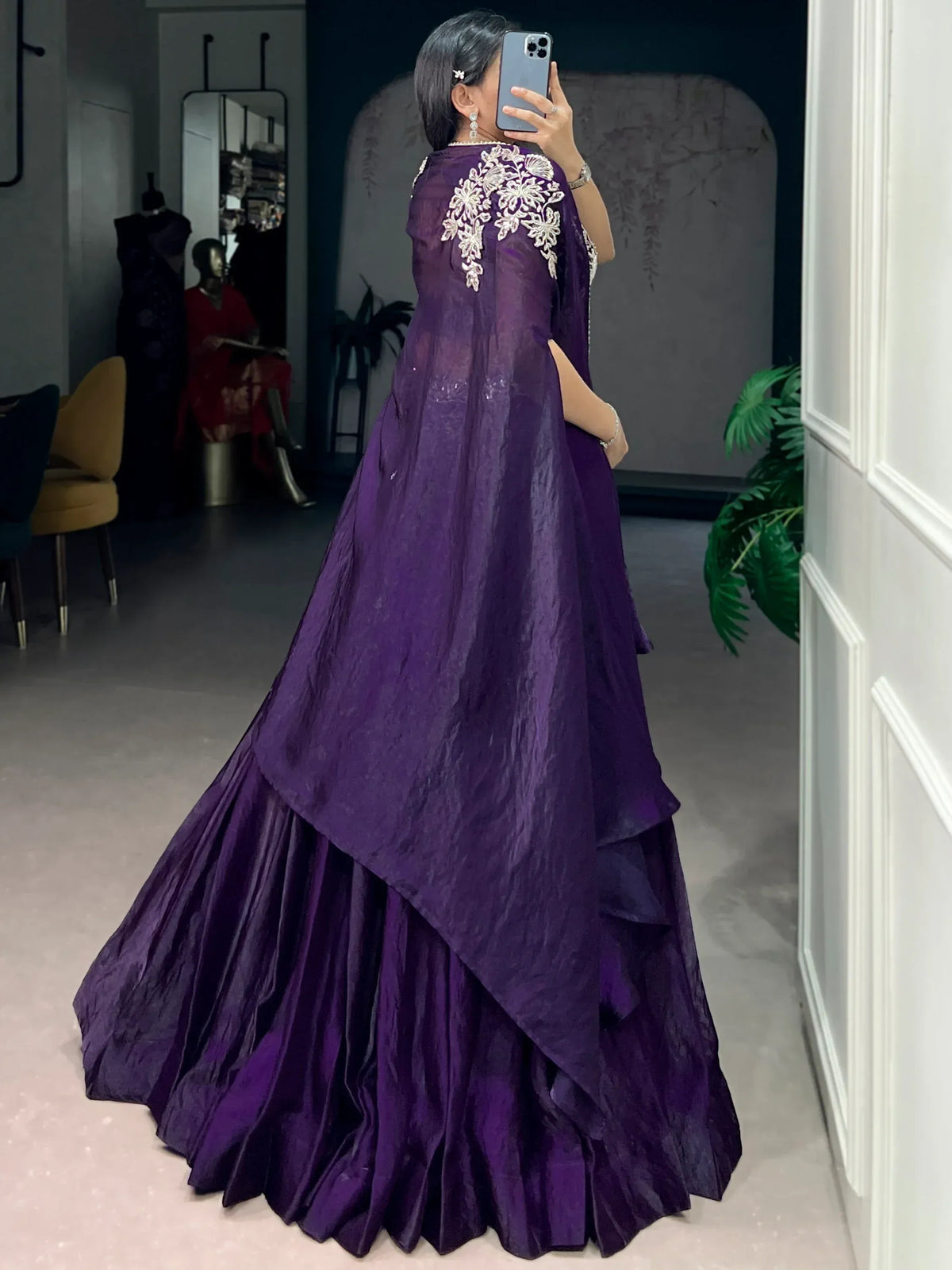 Delicate Purple Bead Work Silk Party Wear Lehenga Choli With Shrug