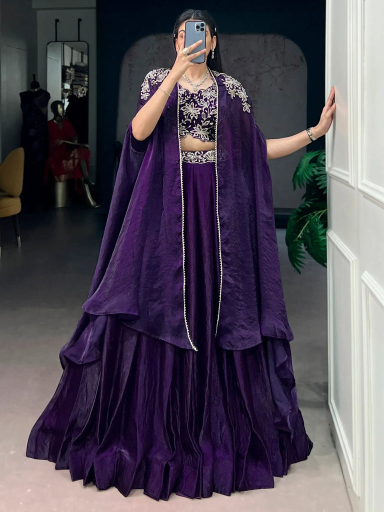Delicate Purple Bead Work Silk Party Wear Lehenga Choli With Shrug