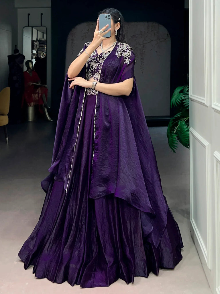 Delicate Purple Bead Work Silk Party Wear Lehenga Choli With Shrug