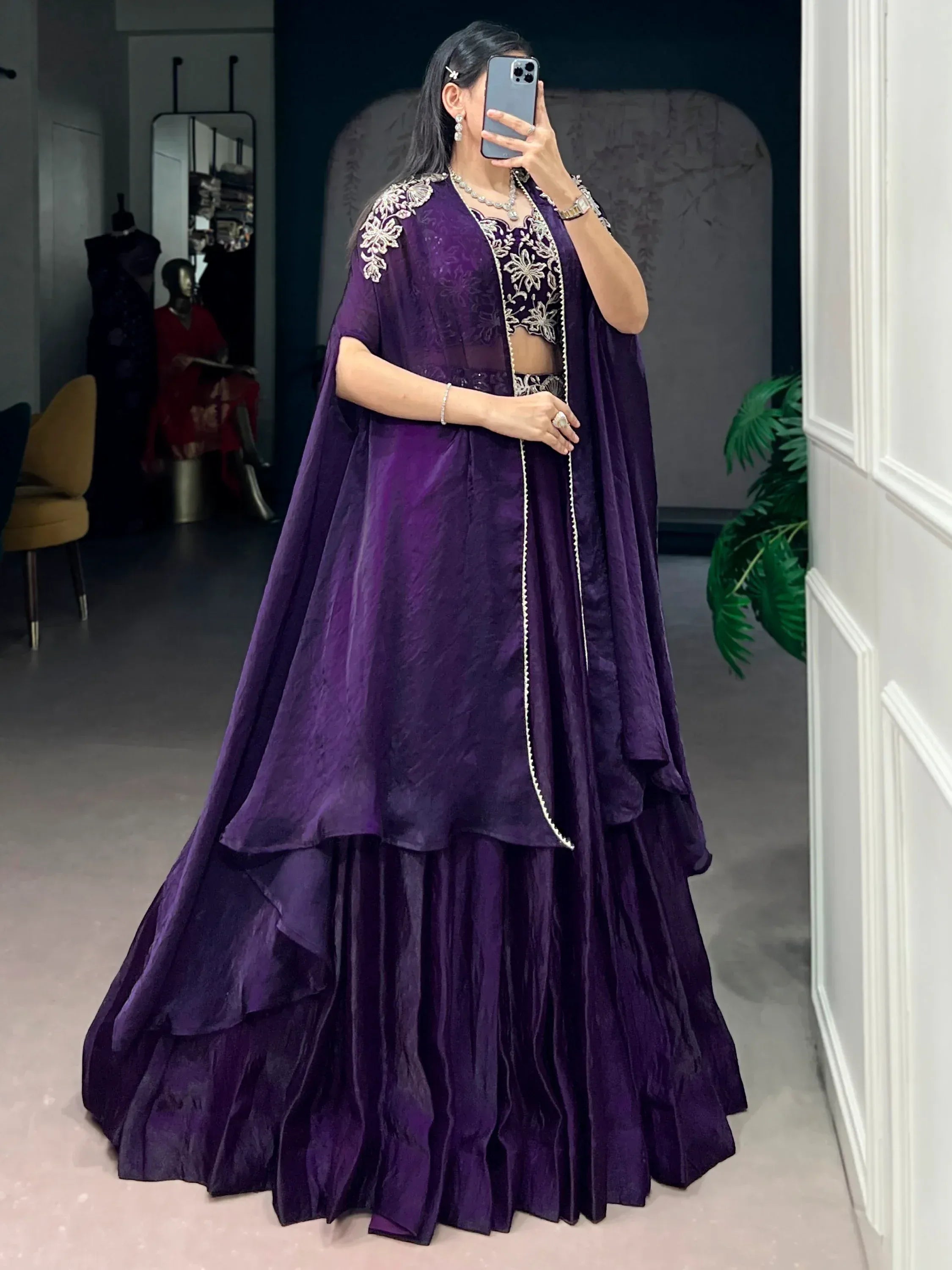 Delicate Purple Bead Work Silk Party Wear Lehenga Choli With Shrug