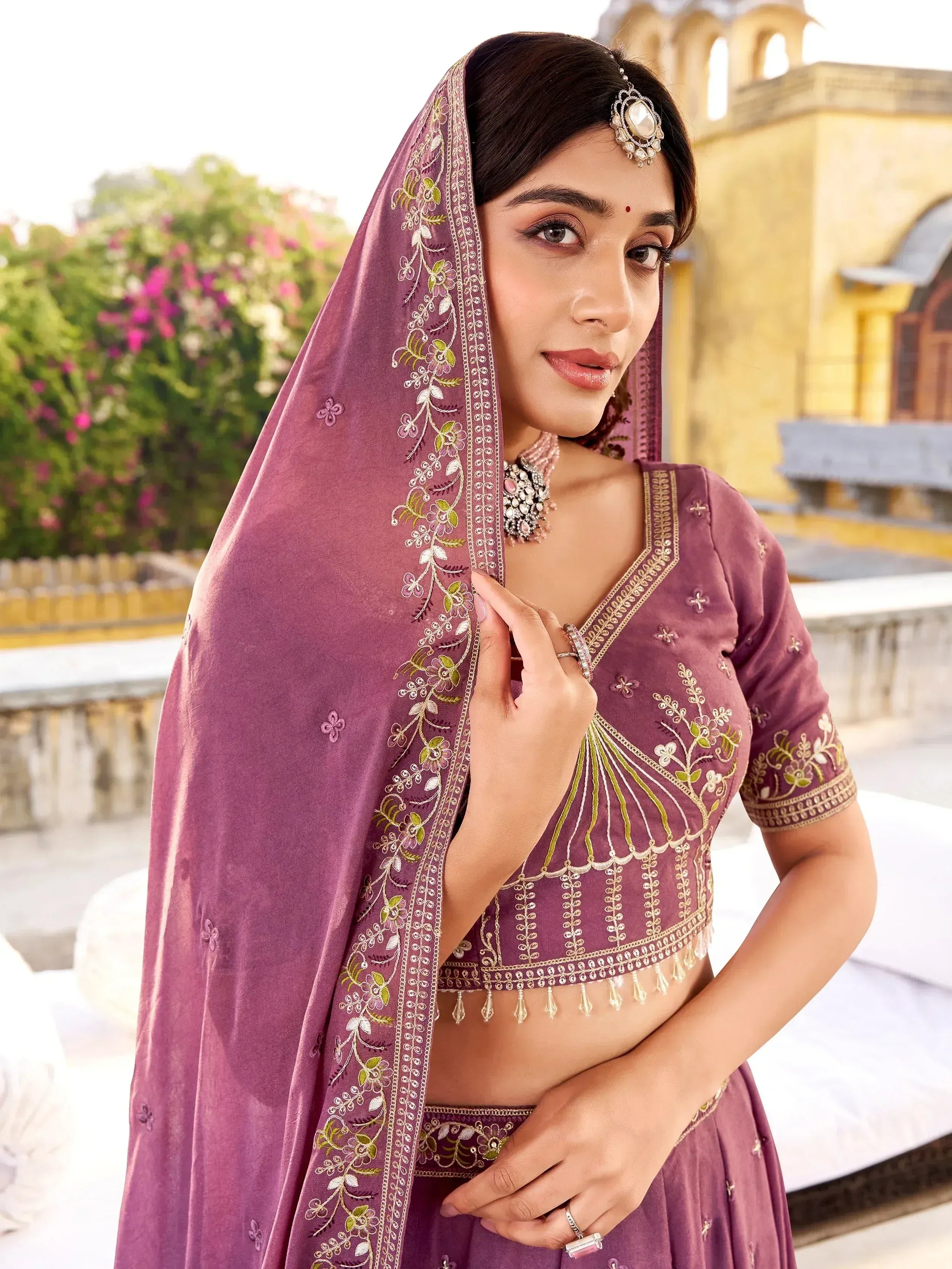 Fabulous Lavender Thread Embroidered Silk Wedding Wear Lehenga Choli