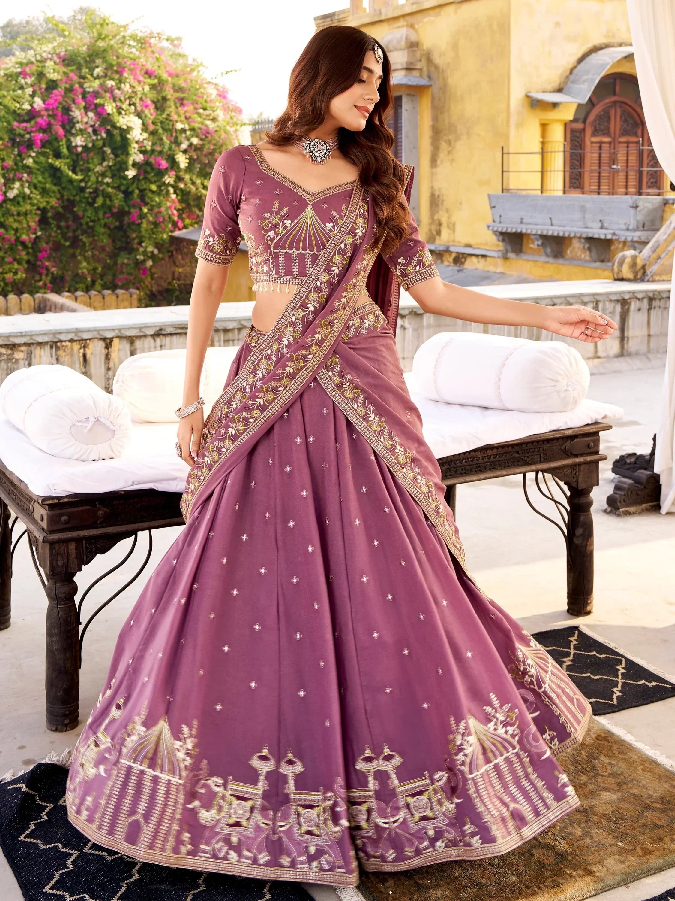 Fabulous Lavender Thread Embroidered Silk Wedding Wear Lehenga Choli