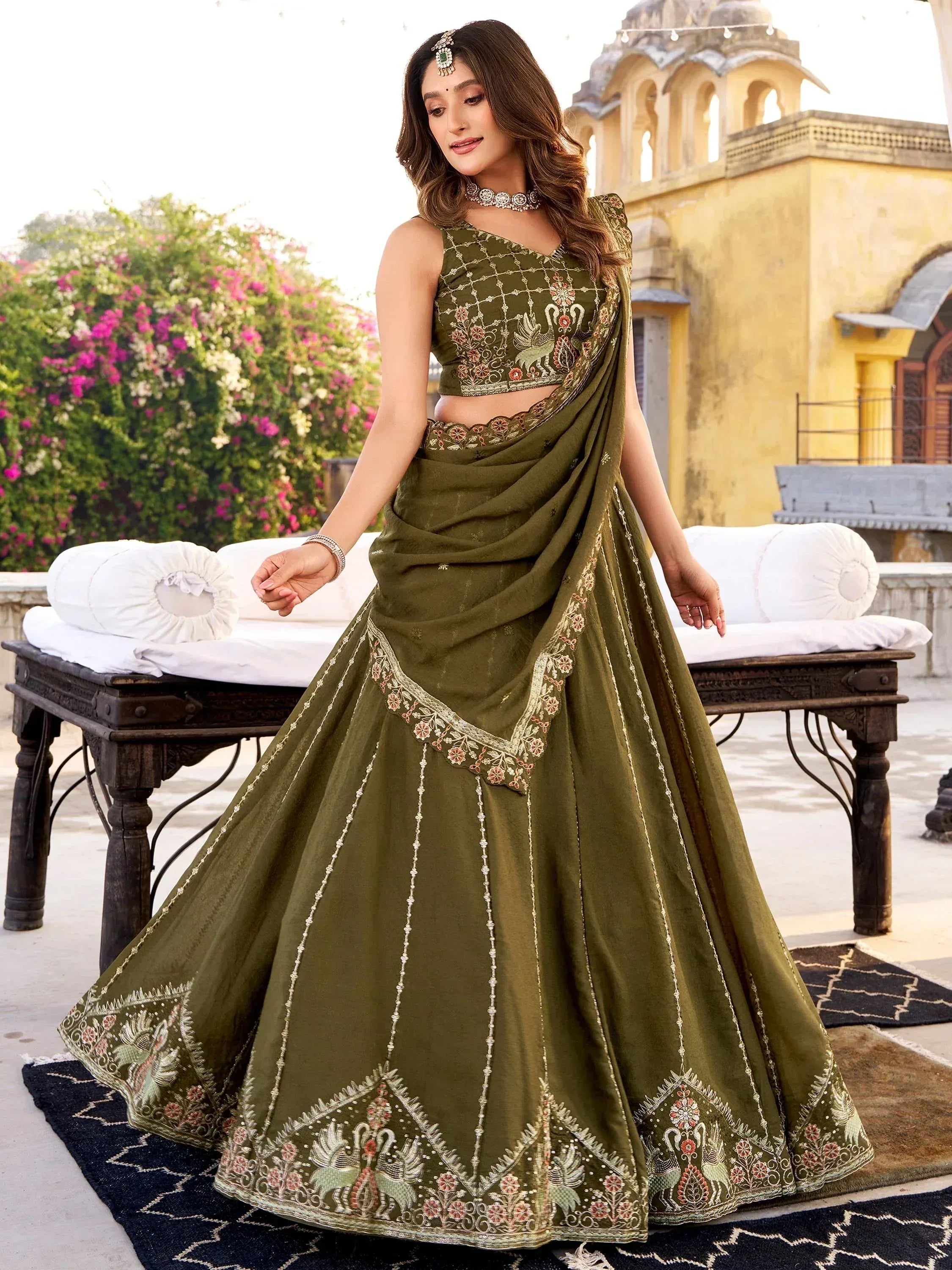Fantastic Green Sequins Silk Engagement Wear Lehenga Choli