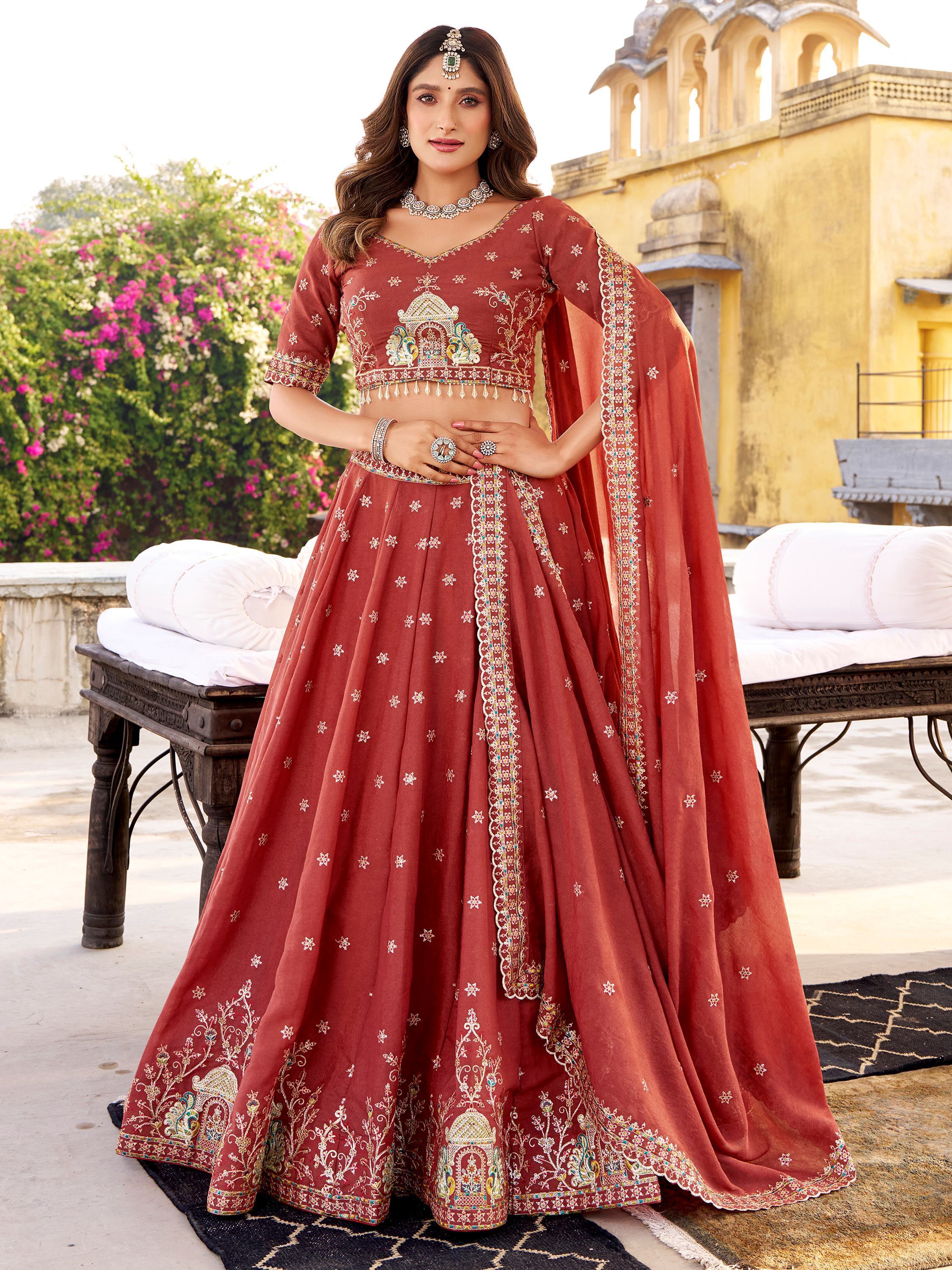Glowing Orange Thread Embroidered Silk Festival Wear Lehenga Choli
