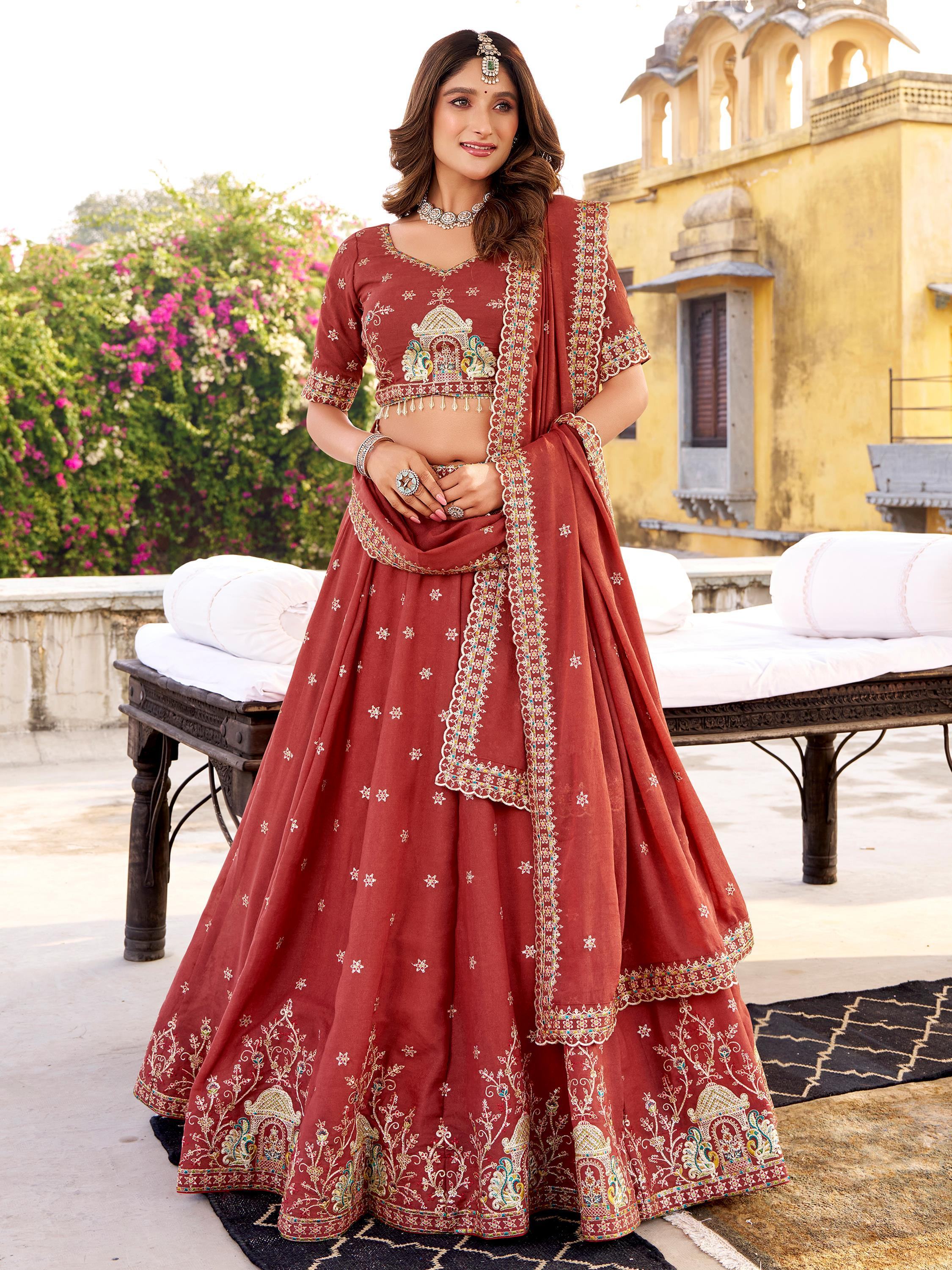 Glowing Orange Thread Embroidered Silk Festival Wear Lehenga Choli