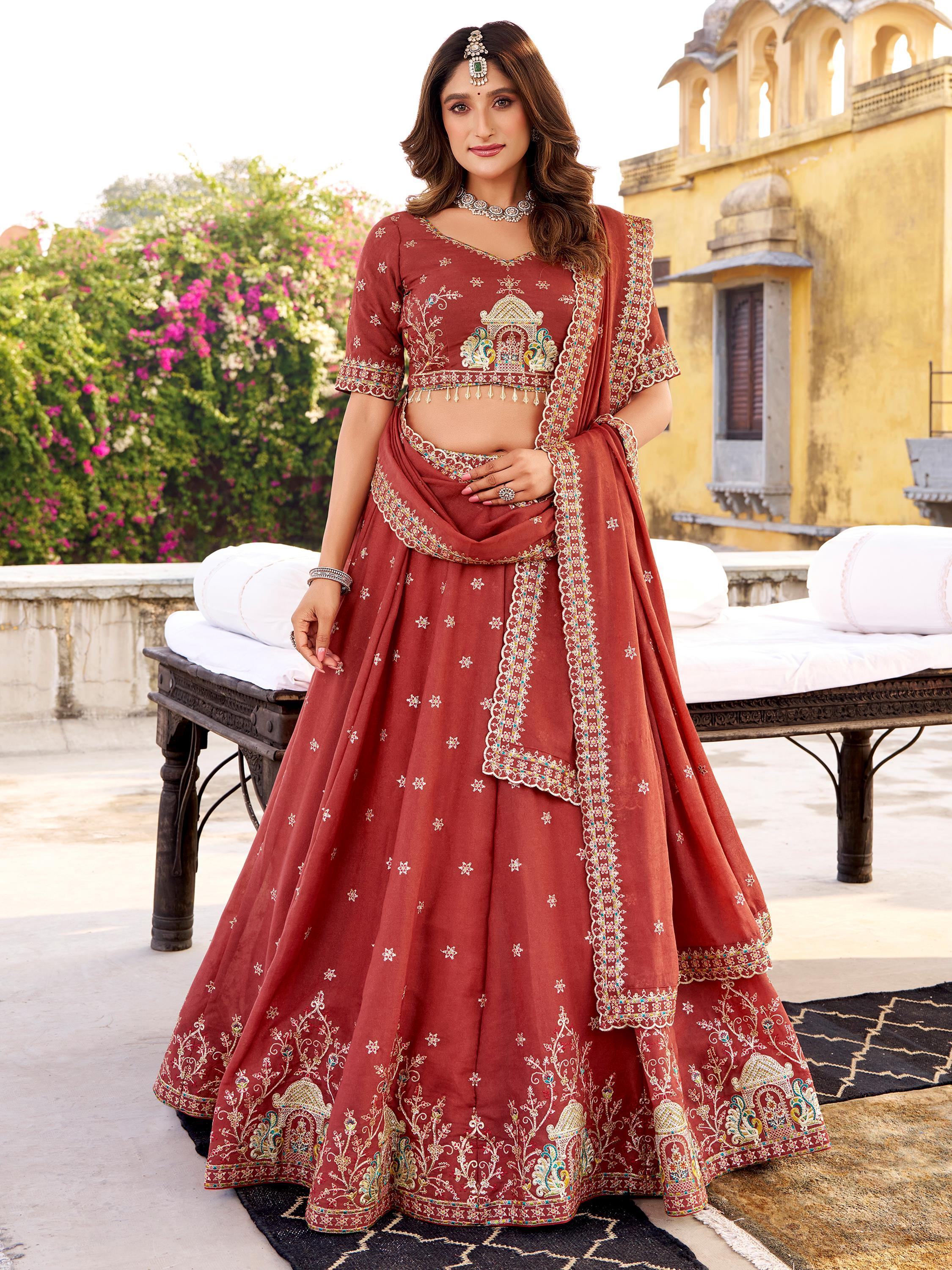 Glowing Orange Thread Embroidered Silk Festival Wear Lehenga Choli