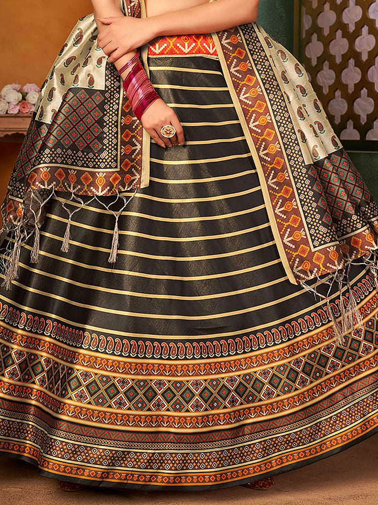 Fantastic Dark Brown Silk Digital Printed Engagement Wear Lehenga Choli