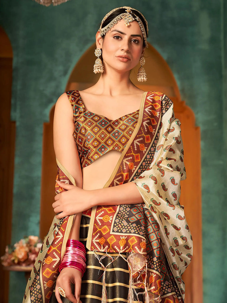 Fantastic Dark Brown Silk Digital Printed Engagement Wear Lehenga Choli