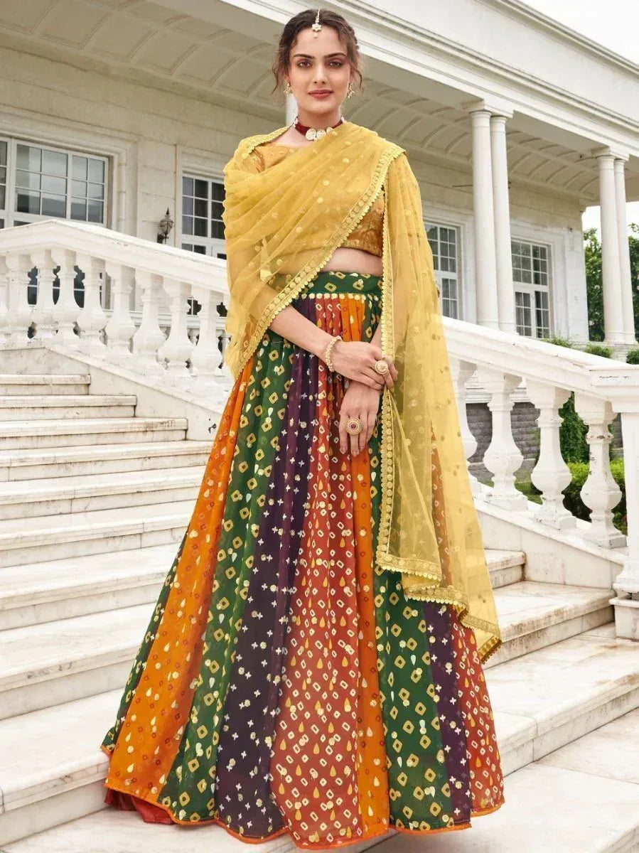 Colorful Indian lehenga choli with yellow dupatta, perfect for weddings and festive occasions
