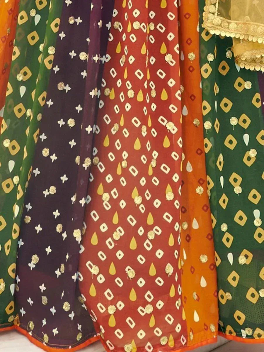 Colorful ethnic lehenga skirts with geometric prints and gold embroidery, perfect for Indian festive wear