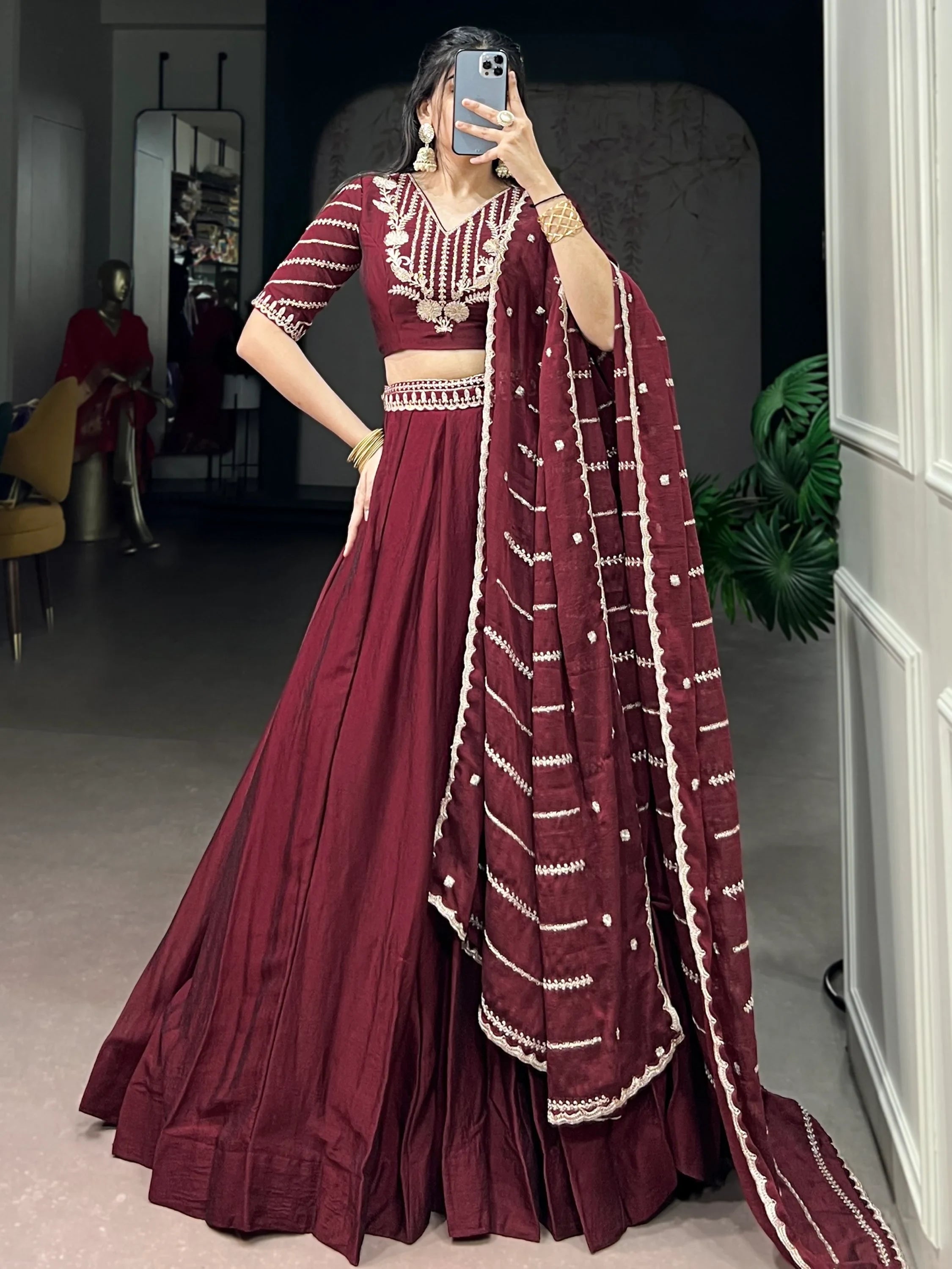 Aesthetic Maroon Crushed Wedding Wear Lehenga With Embroidered Choli