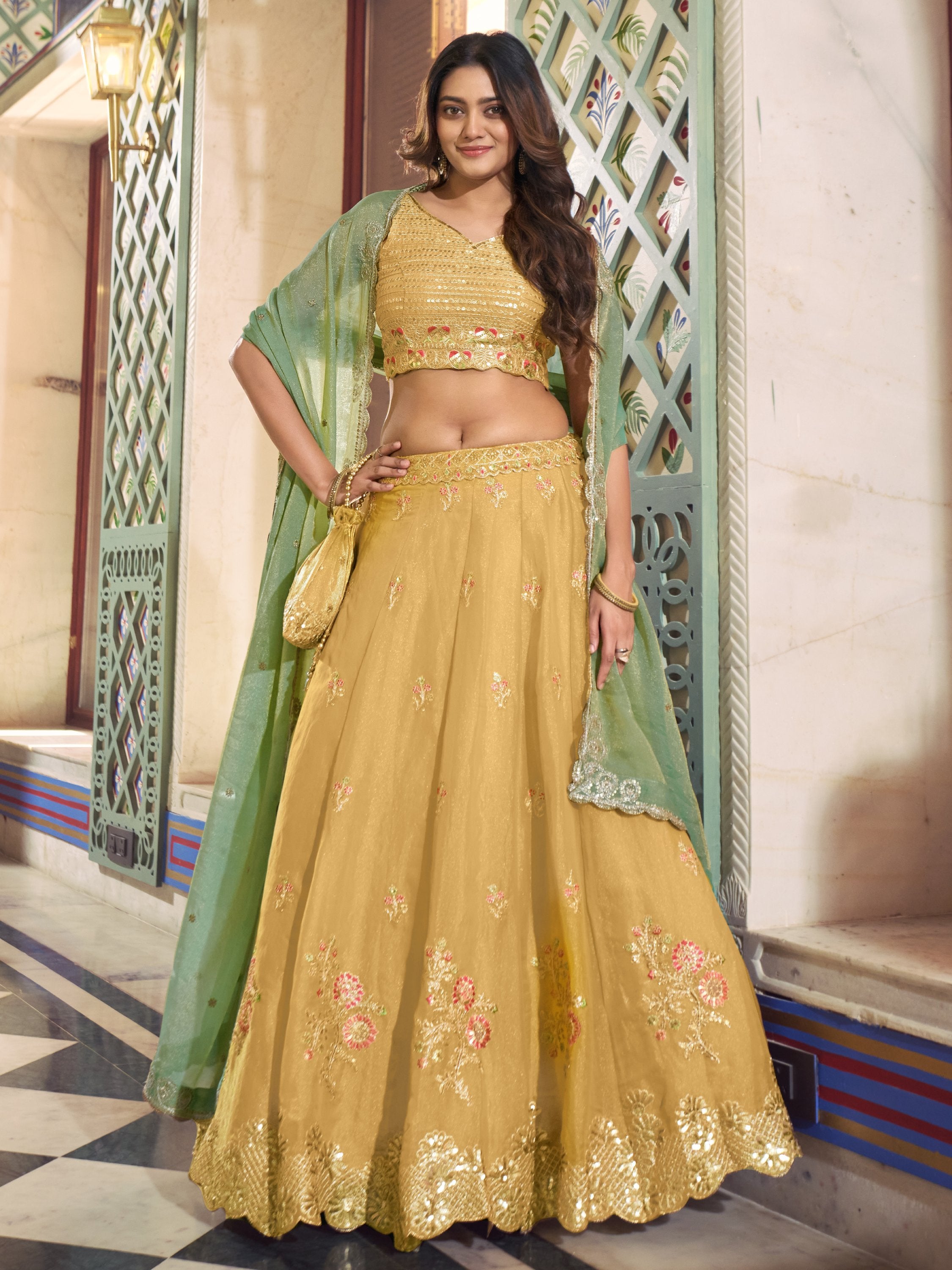Precious Yellow Thread Work Silk Haldi Wear Lehenga Choli With Dupatta