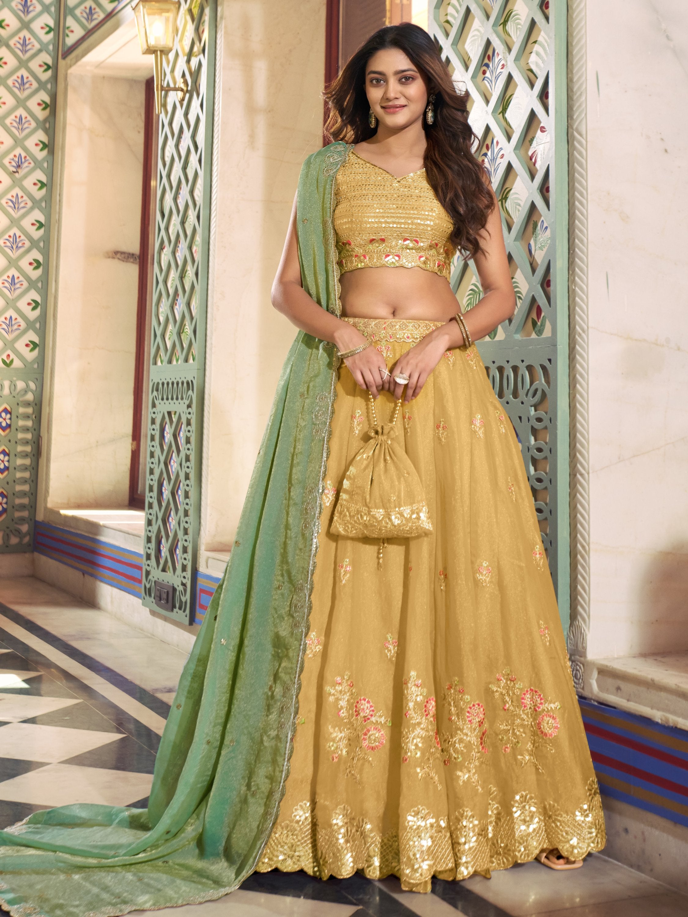 Precious Yellow Thread Work Silk Haldi Wear Lehenga Choli With Dupatta