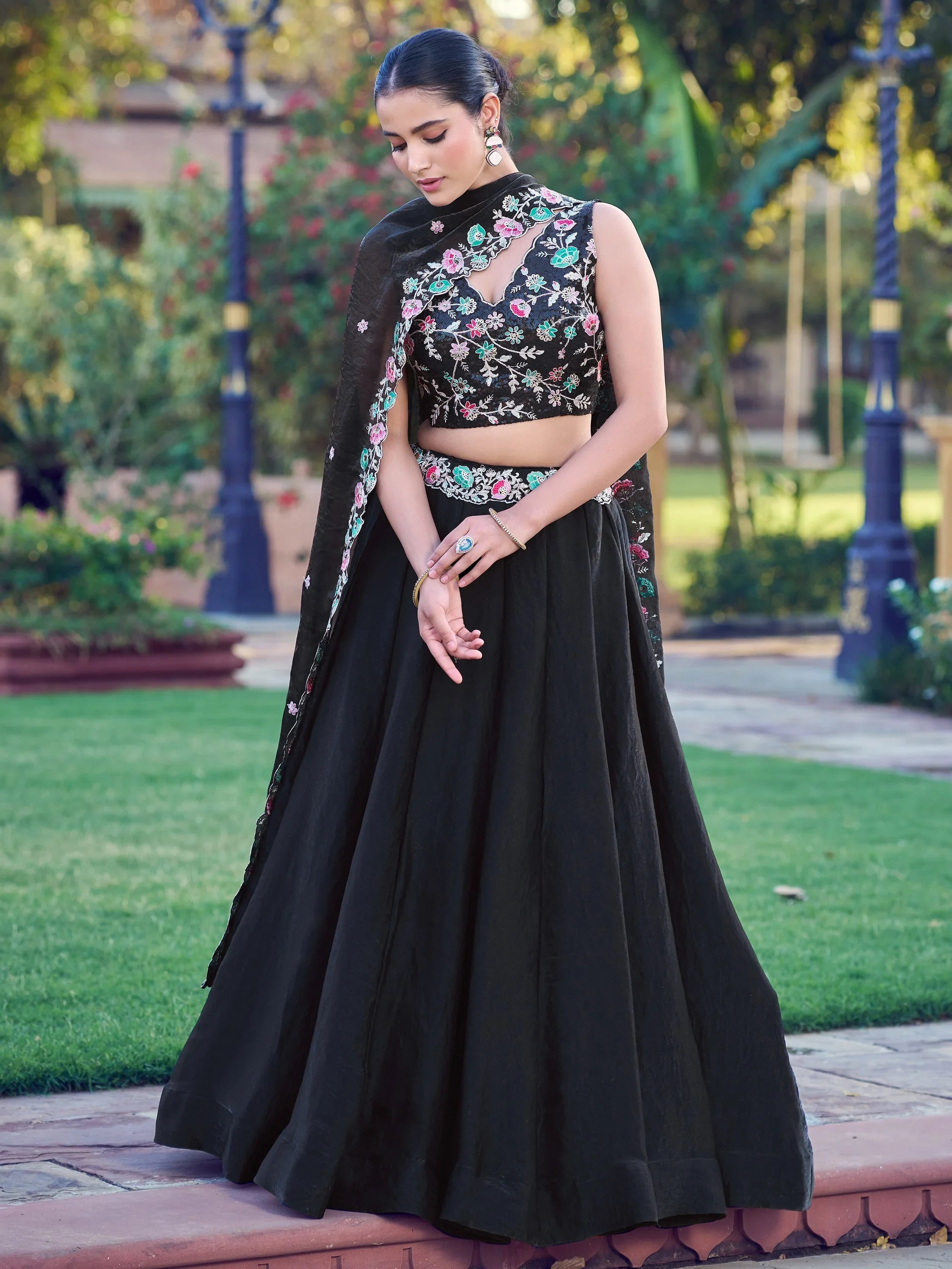 Graceful Black Embroidered Organza Party Wear Lehenga Choli