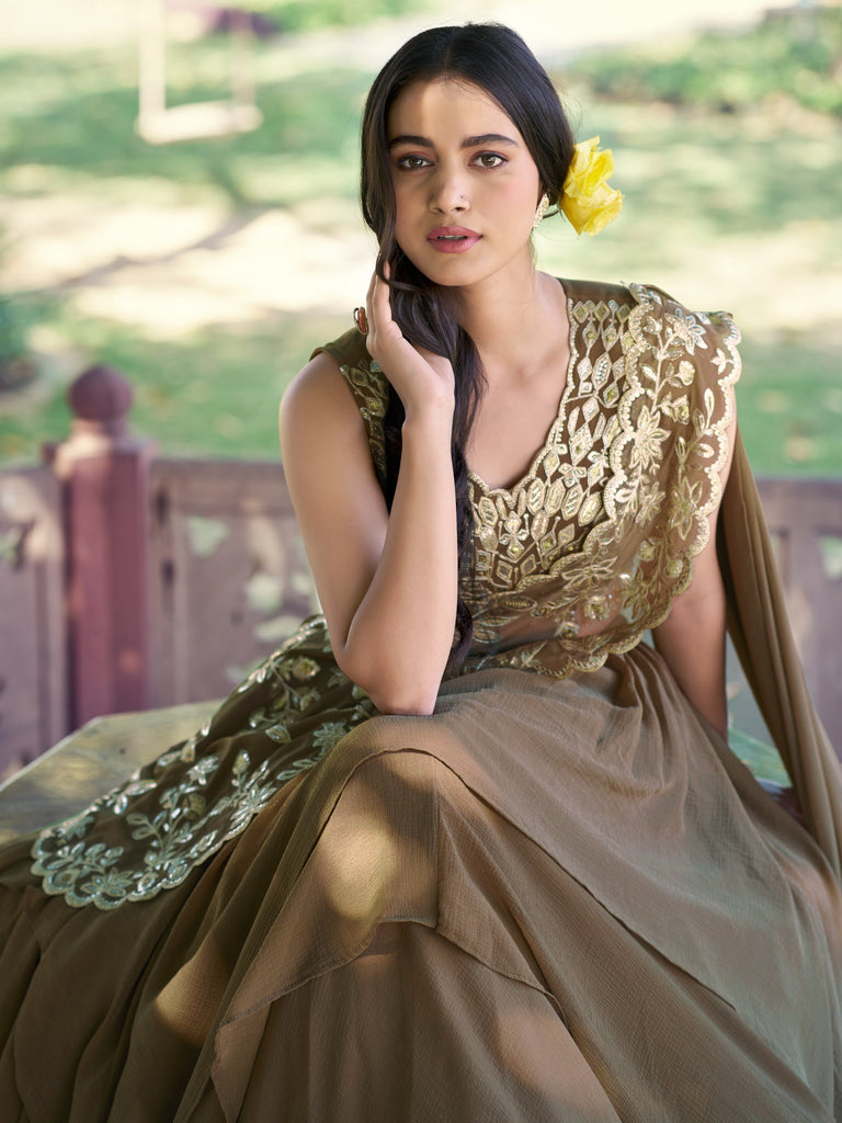 Charming Brown Sequins Georgette Sangeet Wear Lehenga Choli