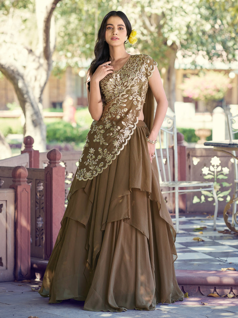 Charming Brown Sequins Georgette Sangeet Wear Lehenga Choli