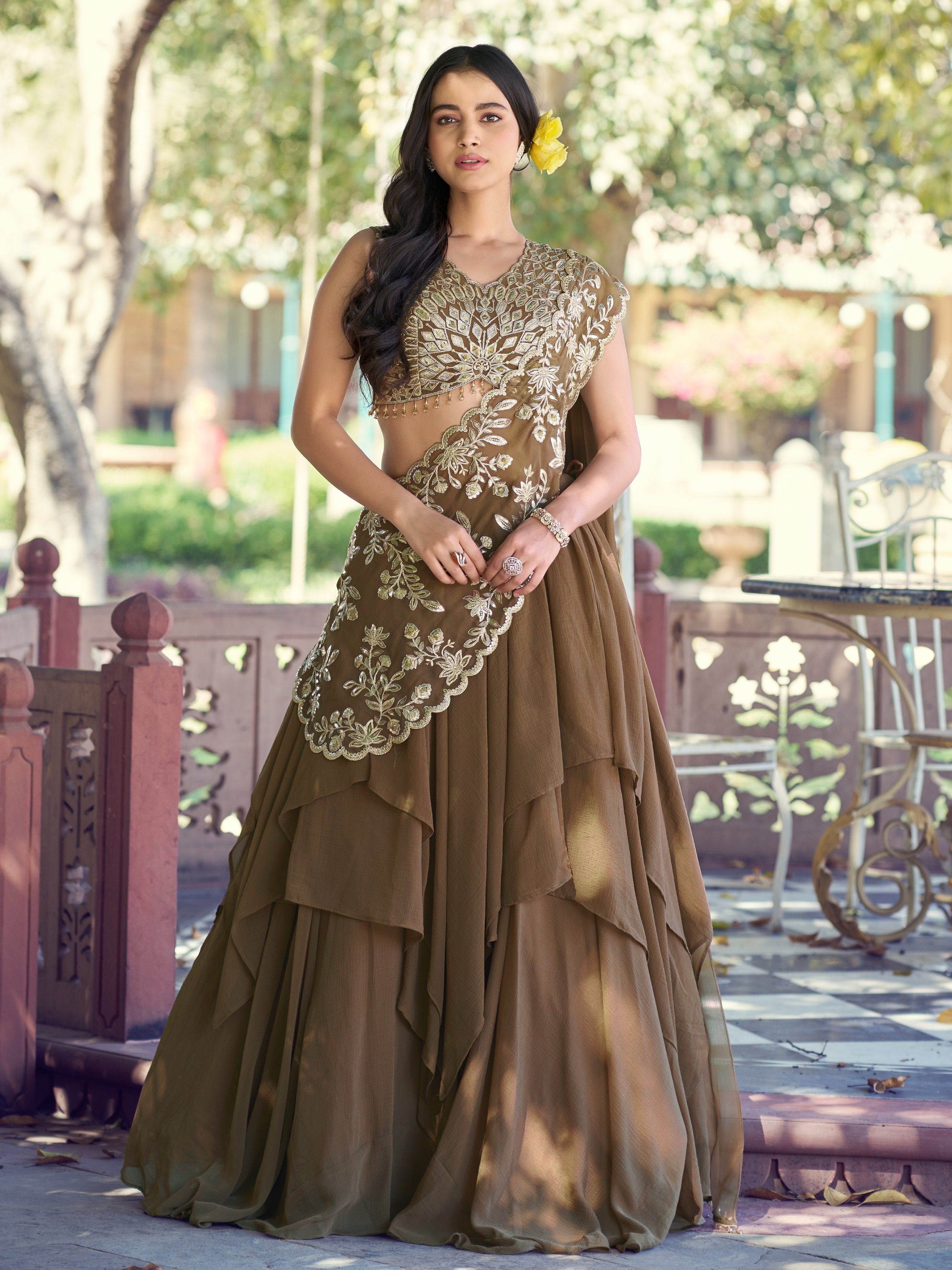 Charming Brown Sequins Georgette Sangeet Wear Lehenga Choli